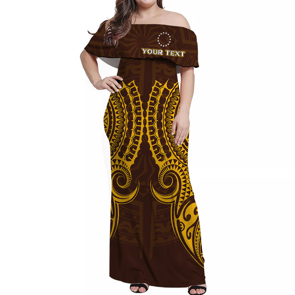 (Custom Personalised) Cook Islands Kukis Off Shoulder Long Dress - Tribal Pattern - LT12 Long Dress Brown - Polynesian Pride