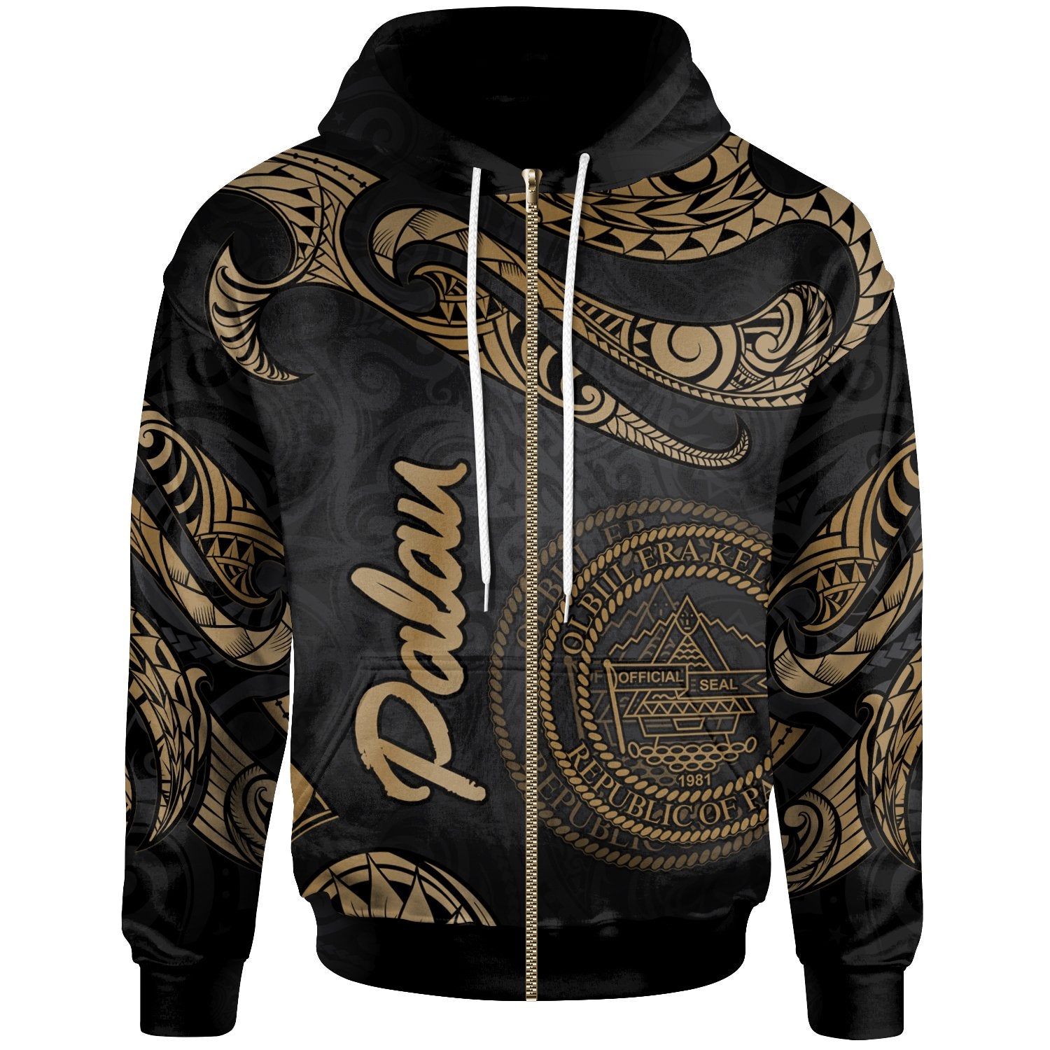 Palau Polynesian Zip Hoodie Polynesian Tattoo Gold Version Unisex Gold - Polynesian Pride