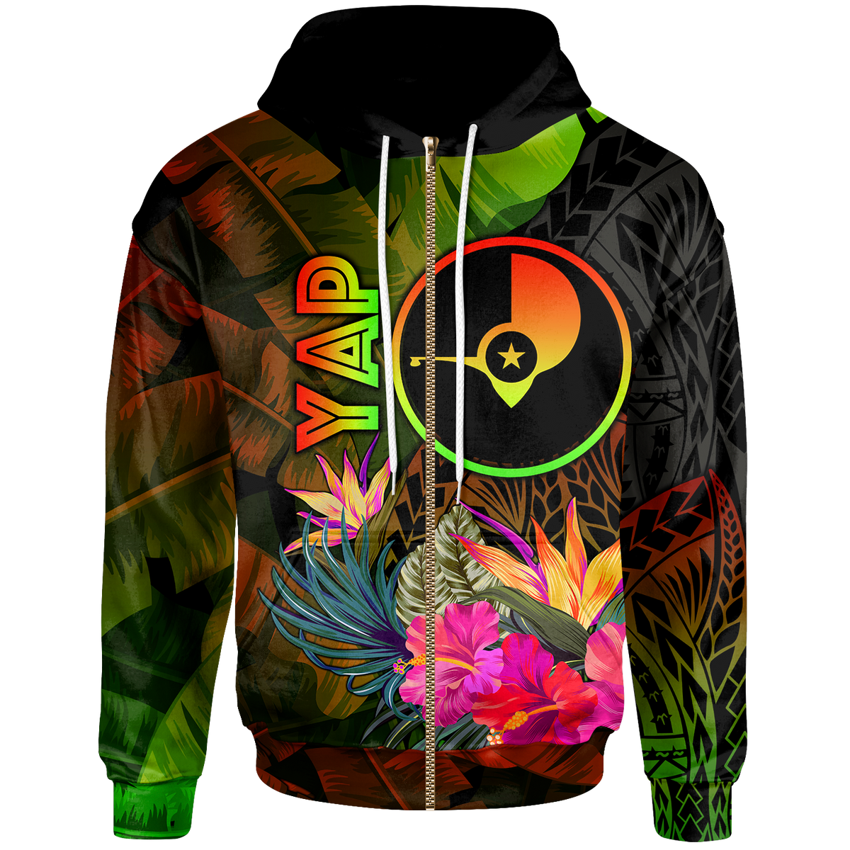 YAP Polynesian Zip up Hoodie Hibiscus and Banana Leaves Unisex Reggae - Polynesian Pride