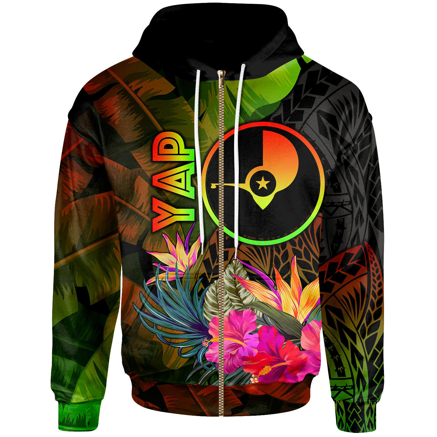 YAP Polynesian Zip up Hoodie Hibiscus and Banana Leaves Unisex Reggae - Polynesian Pride