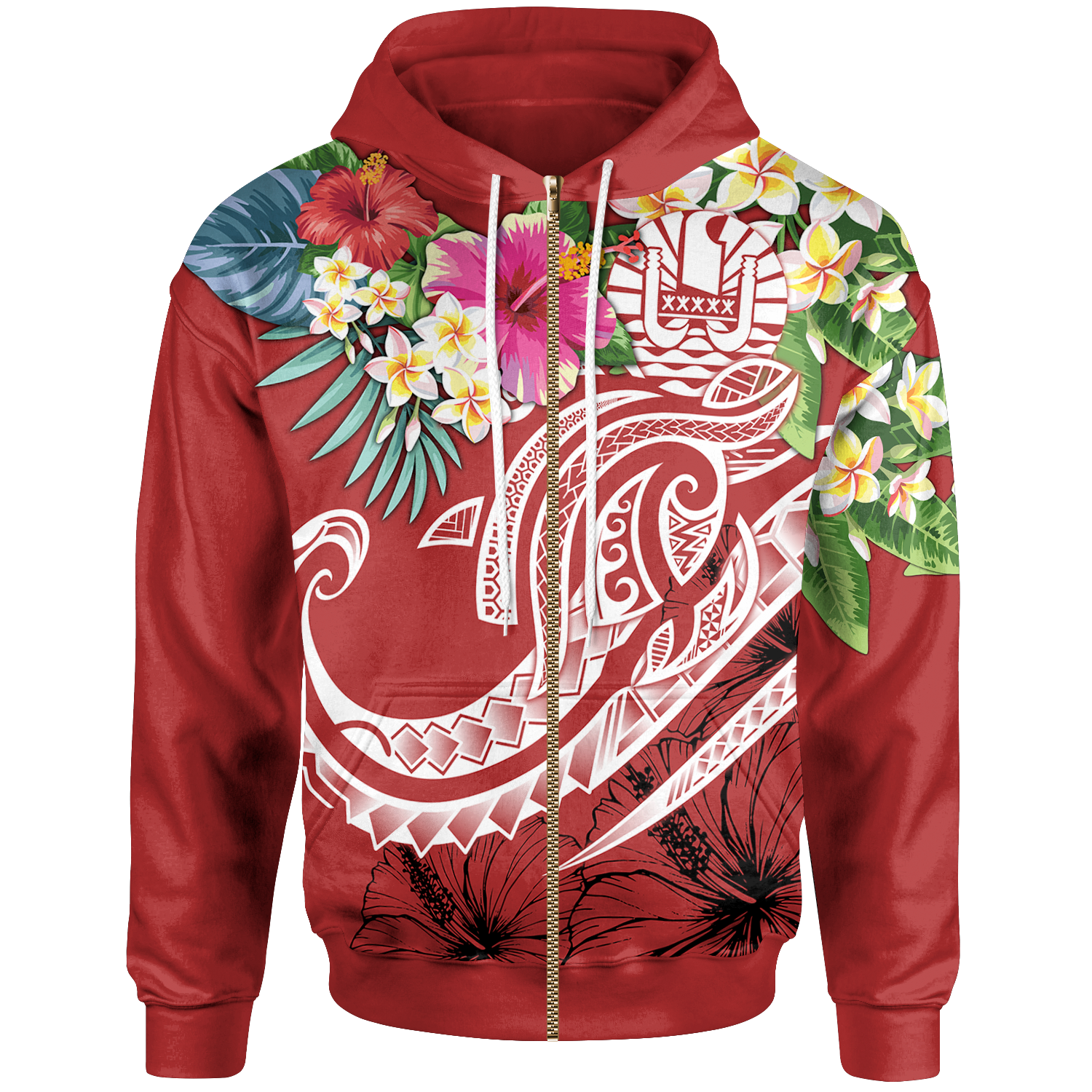 Tahiti Polynesian Zip up Hoodie Summer Plumeria (Red) Unisex Red - Polynesian Pride