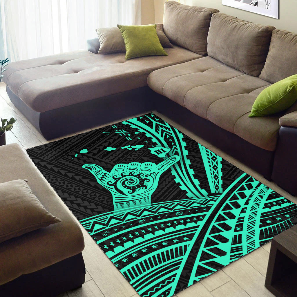 Hawaii Shaka Polynesian Tribal Turquoise Area Rug - LT12 - Polynesian Pride
