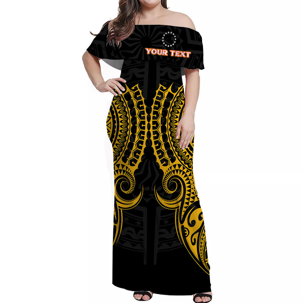 (Custom Personalised) Cook Islands Manihiki Off Shoulder Long Dress - Tribal Pattern - LT12 Long Dress Black - Polynesian Pride