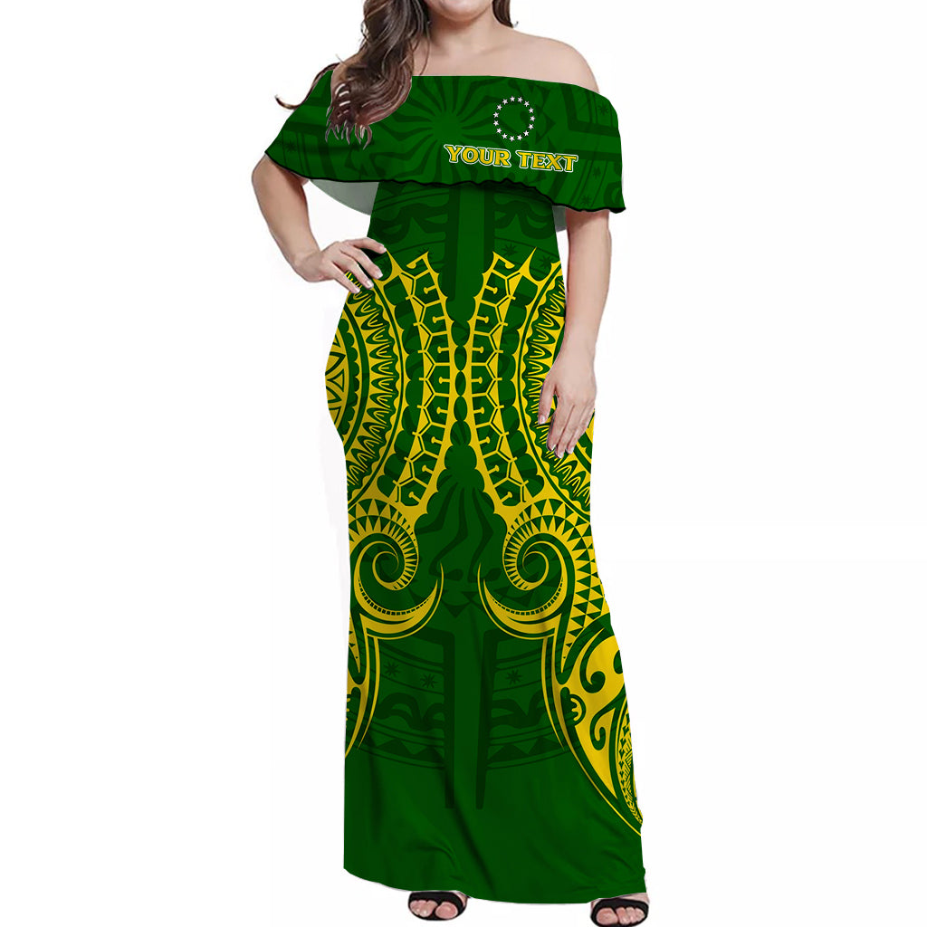 (Custom Personalised) Cook Islands Off Shoulder Long Dress - Tribal Pattern - LT12 Long Dress Green - Polynesian Pride