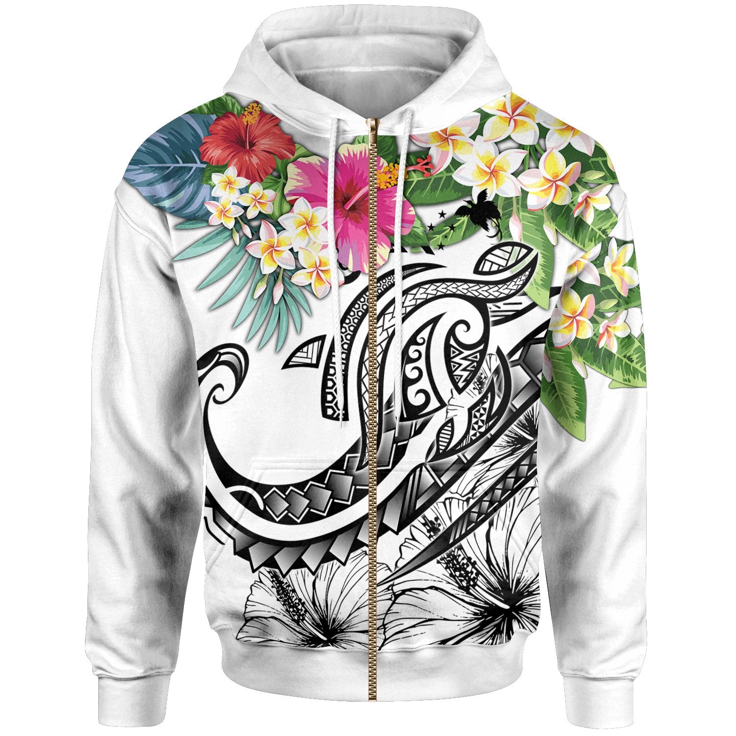 Papua New Guinea Polynesian Zip up Hoodie Summer Plumeria (White) Unisex White - Polynesian Pride