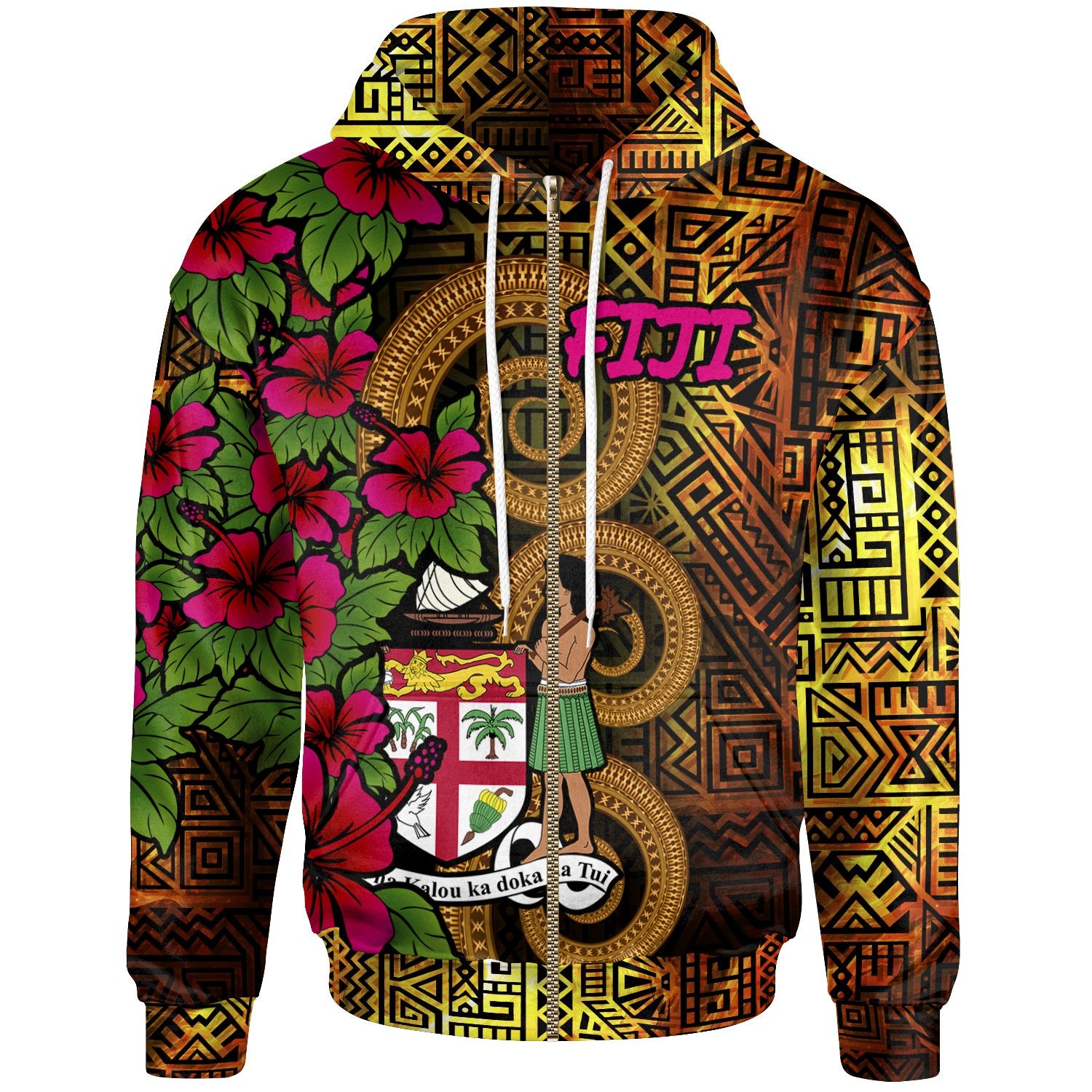 Fiji Polynesian Zip up Hoodie Hibiscus Vintage Unisex Orange - Polynesian Pride