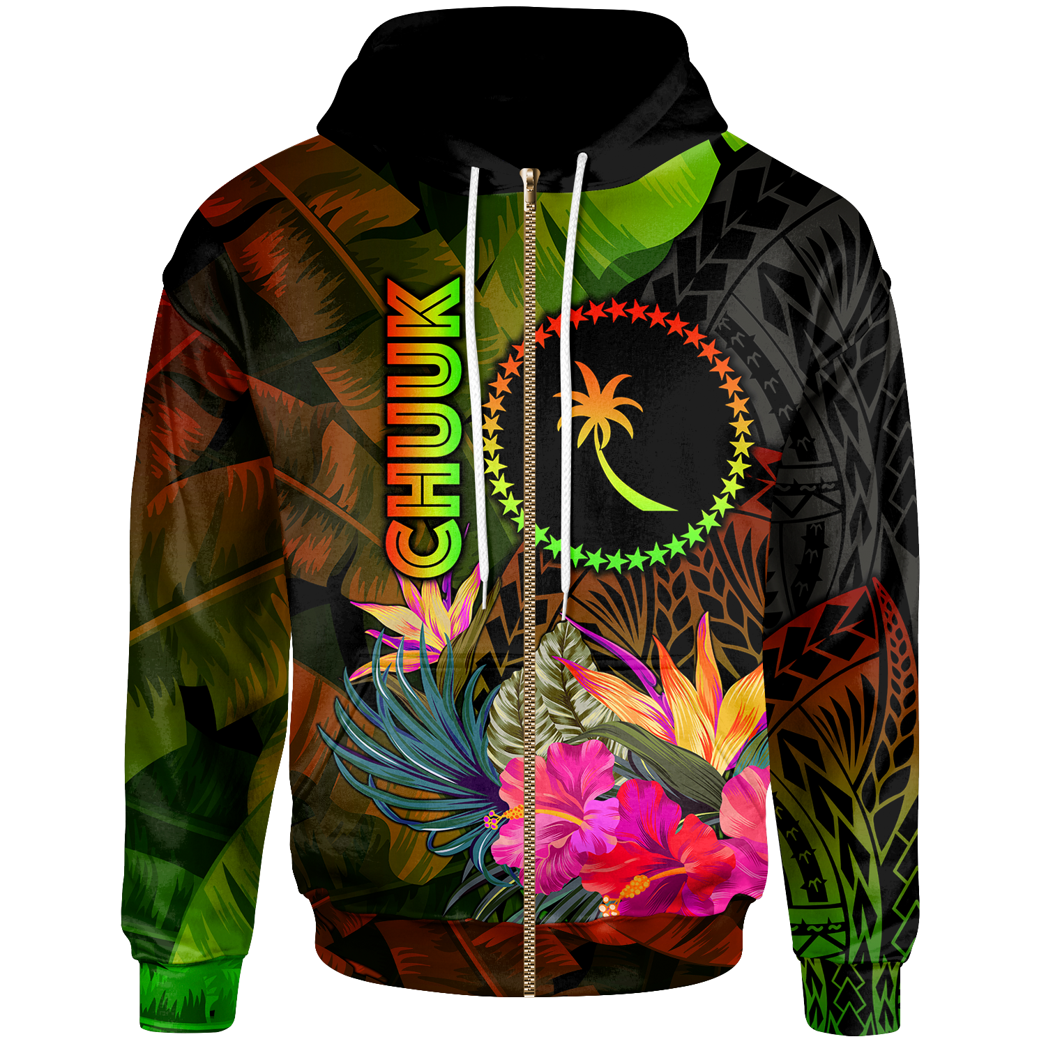 Chuuk Polynesian Zip up Hoodie Hibiscus and Banana Leaves Unisex Reggae - Polynesian Pride