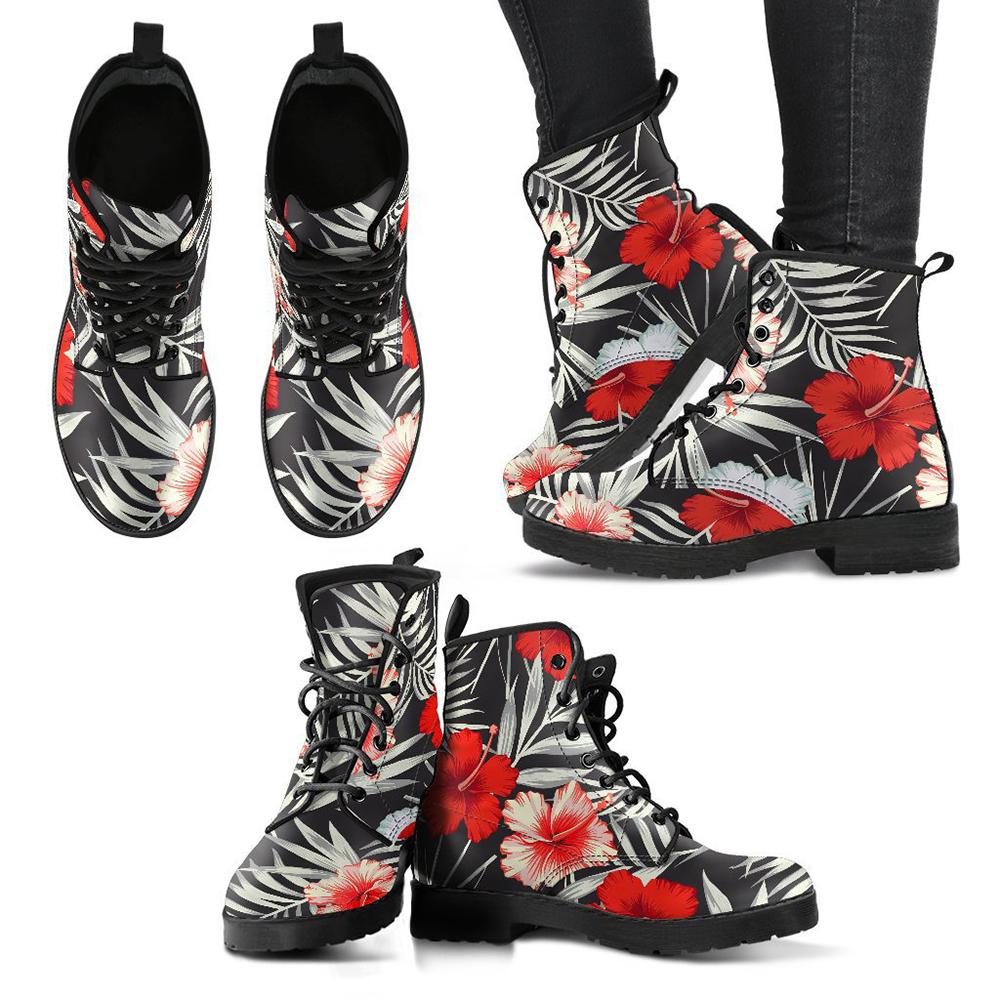 Hawaiian Hibiscus Palm Leather Boots Black & Red - Polynesian Pride