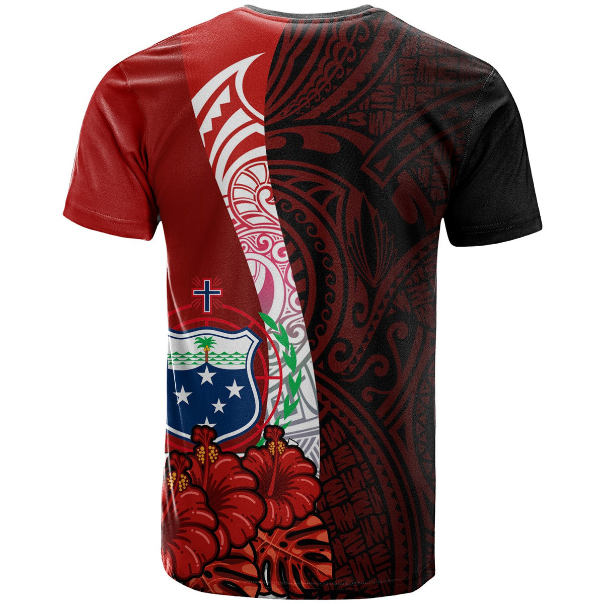 Samoa Polynesian Custom T shirt Coat Arm With Hibiscus - Polynesian Pride
