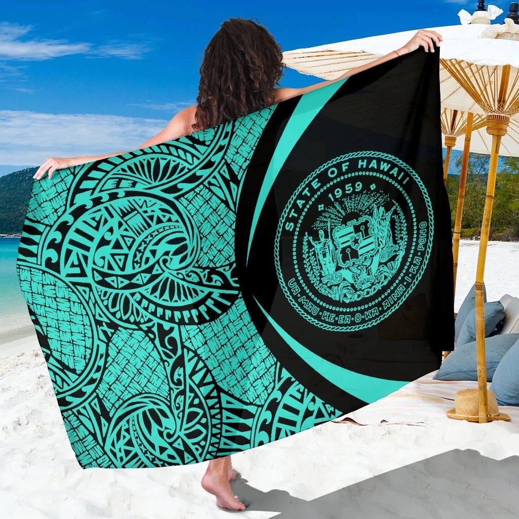 Hawaii Coat Of Arm Sarong Turquoise - Circle Style Sarong One Size Turquoise - Polynesian Pride