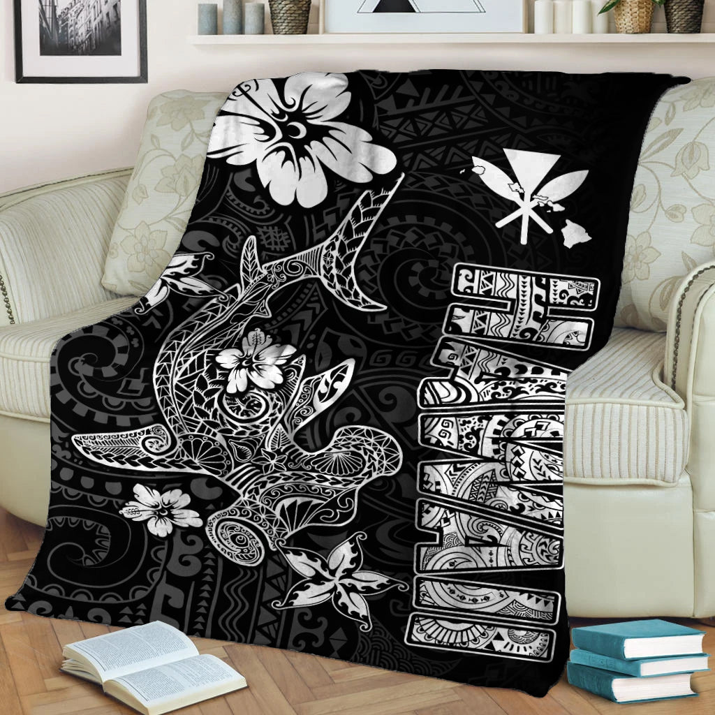 Hawaii Hammerhead Shark Hibiscus Hawaii Pattern Blanket - LT2 White - Polynesian Pride