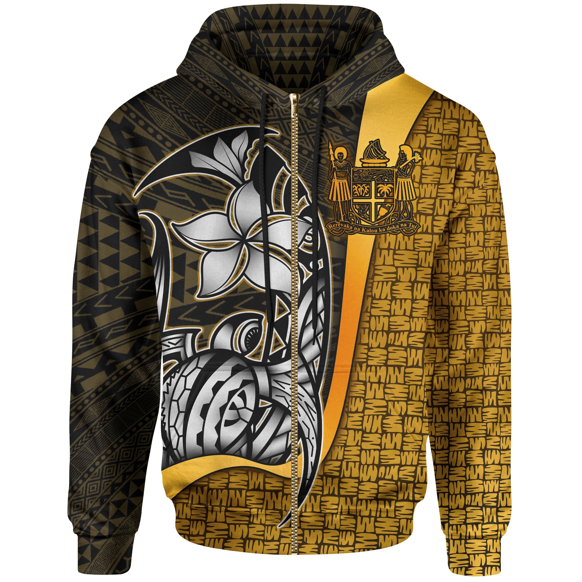 Fiji Polynesian Zip up Hoodie Gold Coat of Arm Turtle with Hook Unisex GOLD - Polynesian Pride