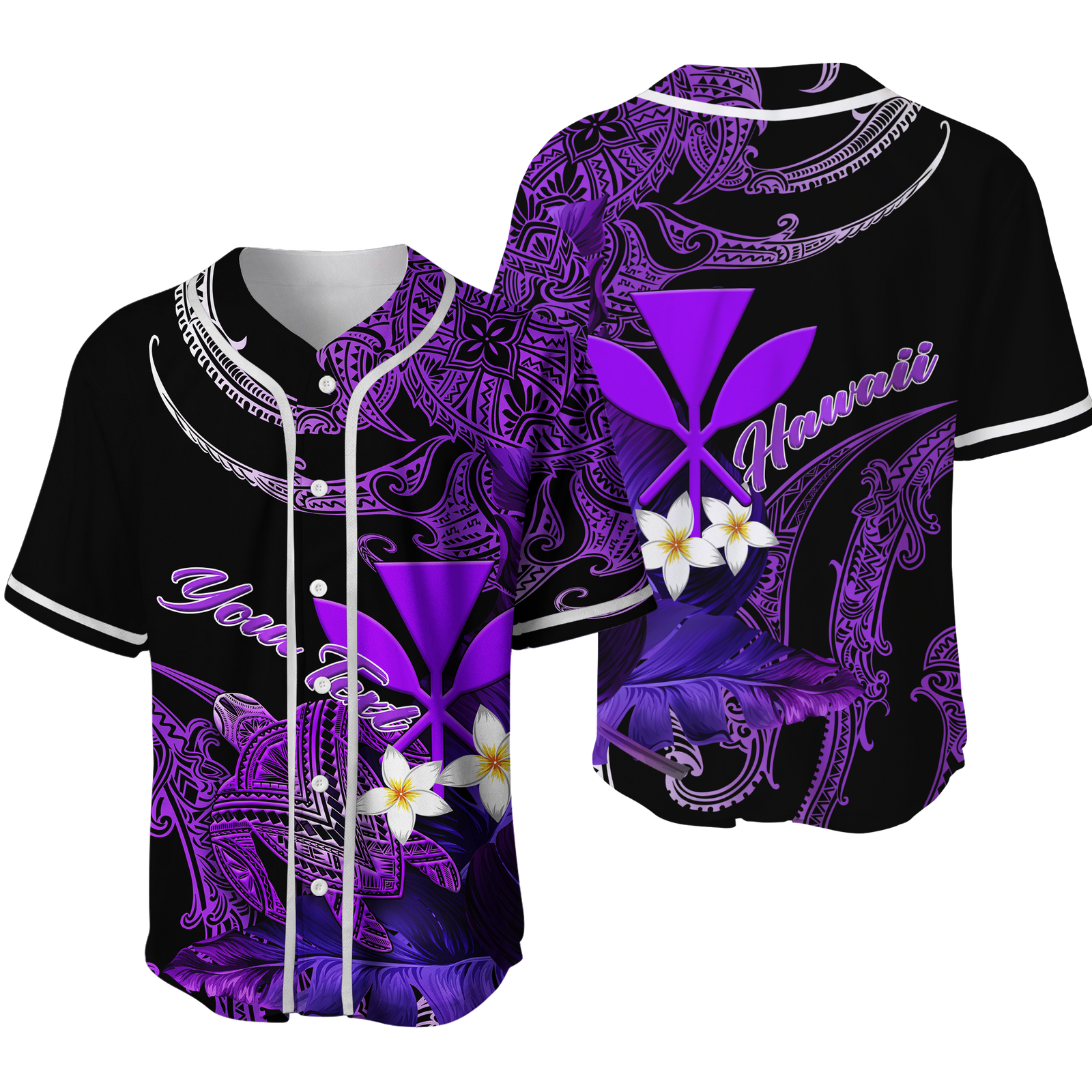 (Custom Personalised) Hawaii Turtle With Plumeria Leaf Purple Baseball Jersey - LT12 Unisex Black - Polynesian Pride