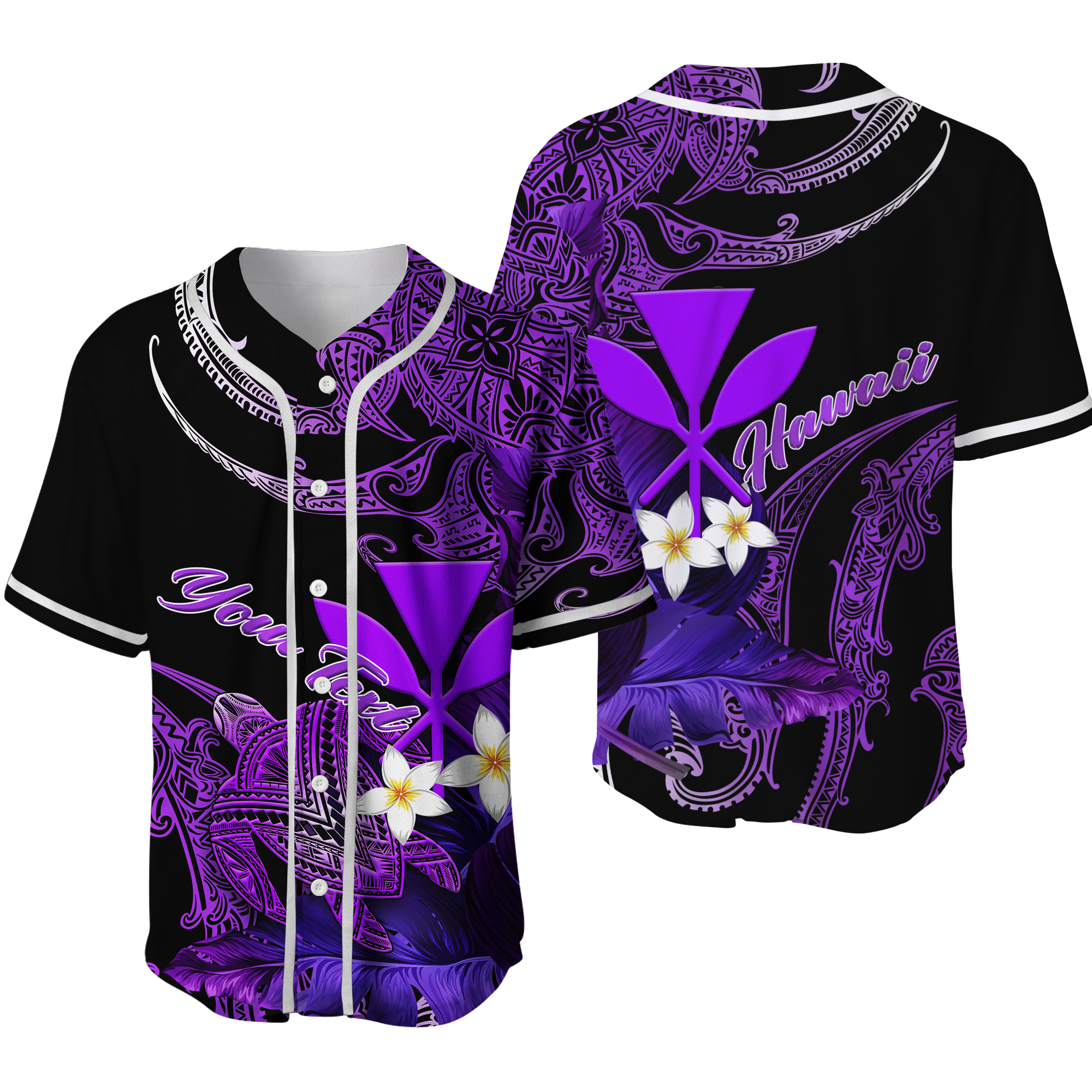 (Custom Personalised) Hawaii Turtle With Plumeria Leaf Purple Baseball Jersey - LT12 Unisex Black - Polynesian Pride