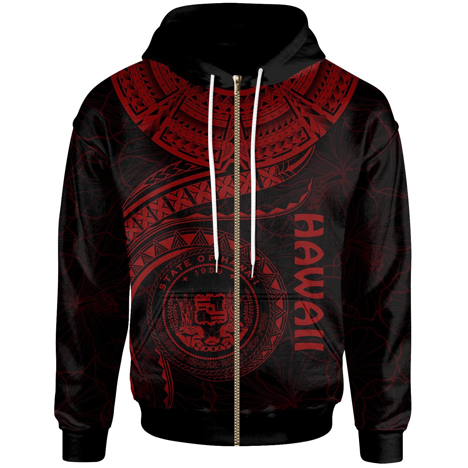 Polynesian Hawaii Zip up Hoodie Hawaiian Waves (Red) Unisex Red - Polynesian Pride