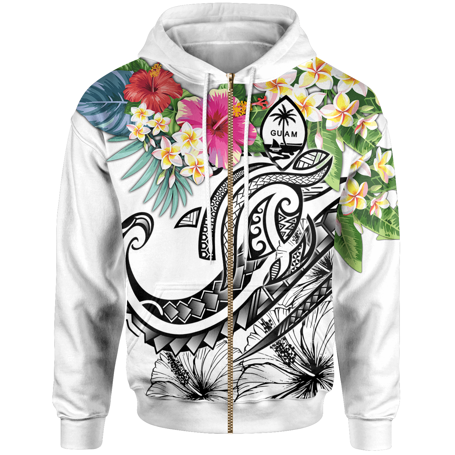 Guam Polynesian Zip up Hoodie Summer Plumeria (White) Unisex White - Polynesian Pride