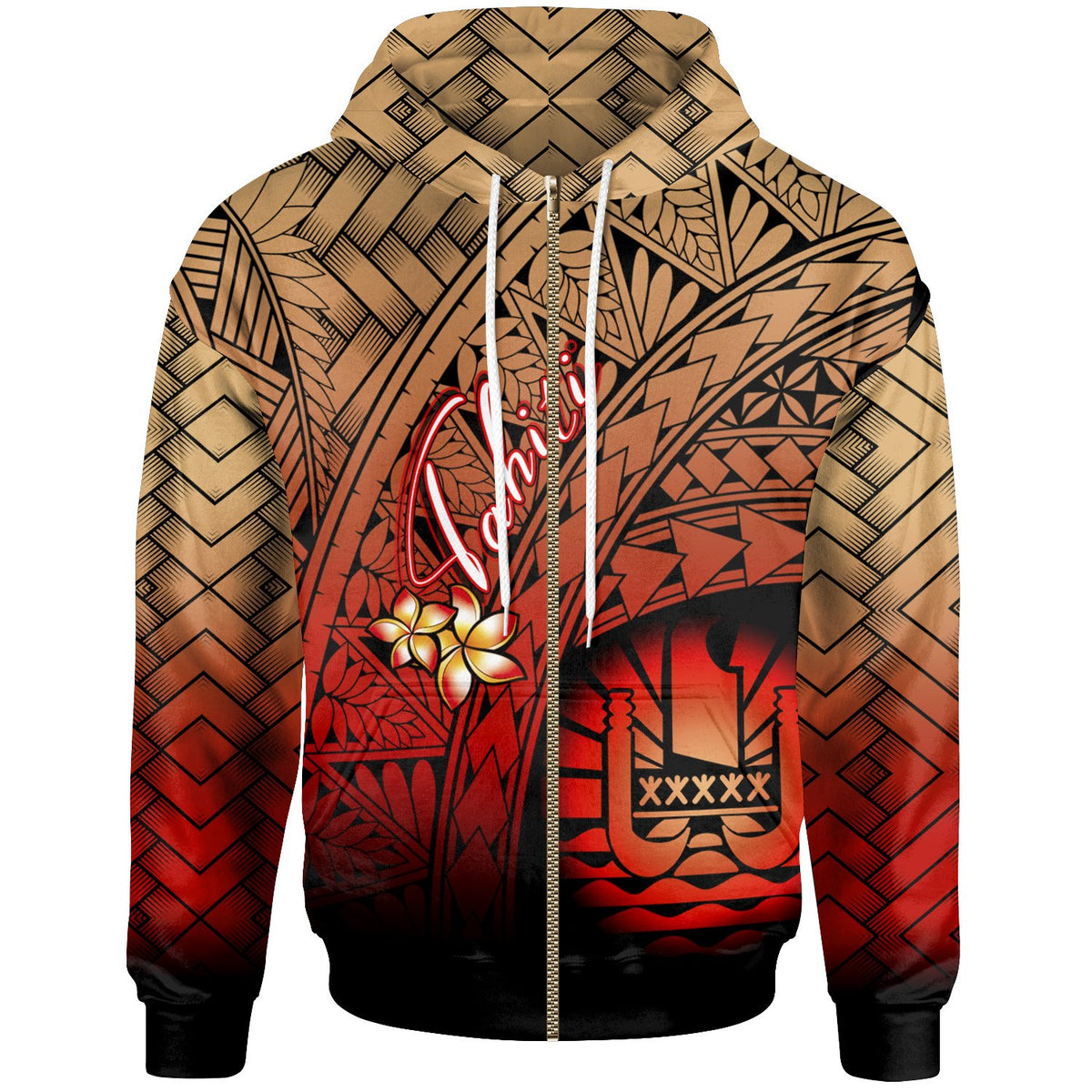 Tahiti Polynesian Zip Hoodie Plumeria Tattoo Tribal Unisex Red - Polynesian Pride