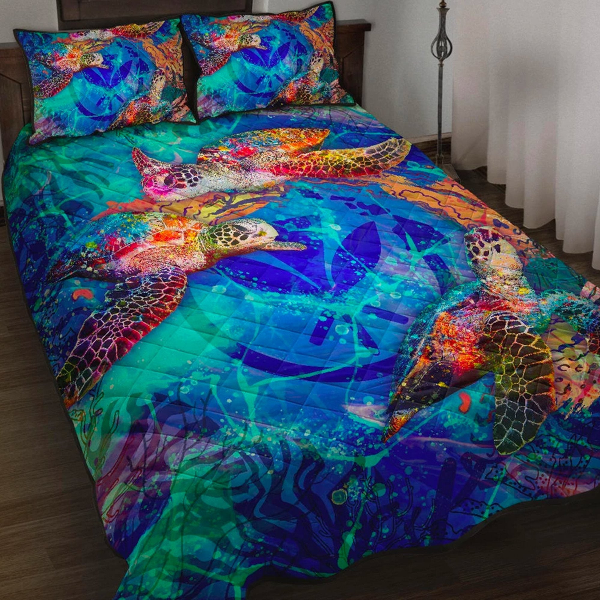 Hawaii Polynesian Quilt Bed Set - Kanaka Maoli Turtle Coral Treasure BLUE - Polynesian Pride