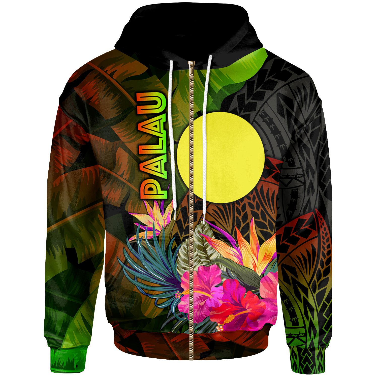 Palau Polynesian Zip up Hoodie Hibiscus and Banana Leaves Unisex Reggae - Polynesian Pride