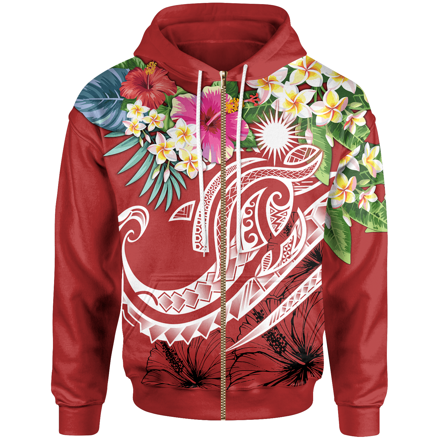 Marshall Islands Polynesian Zip up Hoodie Summer Plumeria (Red) Unisex Red - Polynesian Pride