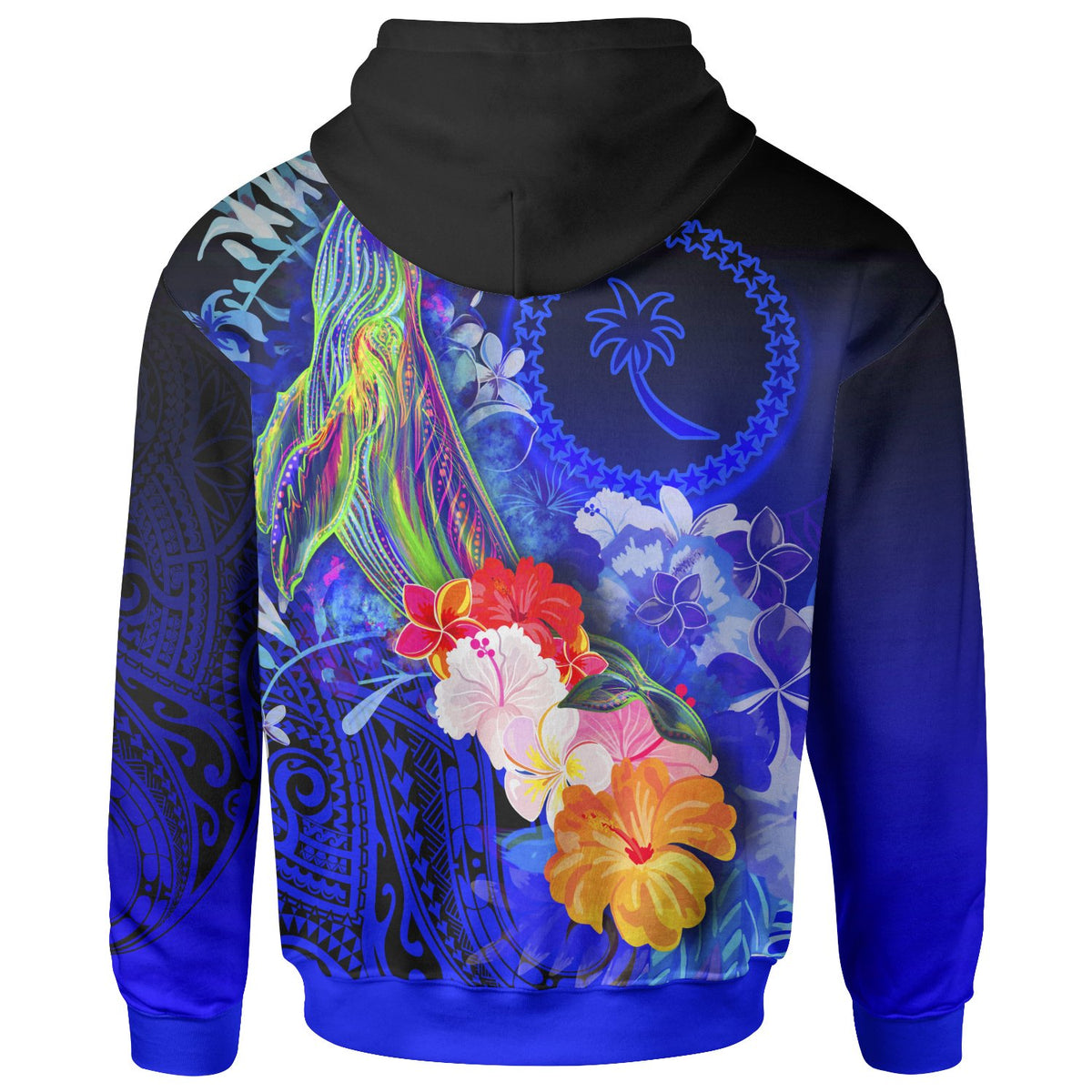Chuuk Zip up Hoodie Humpback Whale with Tropical Flowers (Blue) - Polynesian Pride