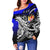 Tahiti Women's Off Shoulder Sweater - Tribal Jungle Pattern Blue Color - Polynesian Pride