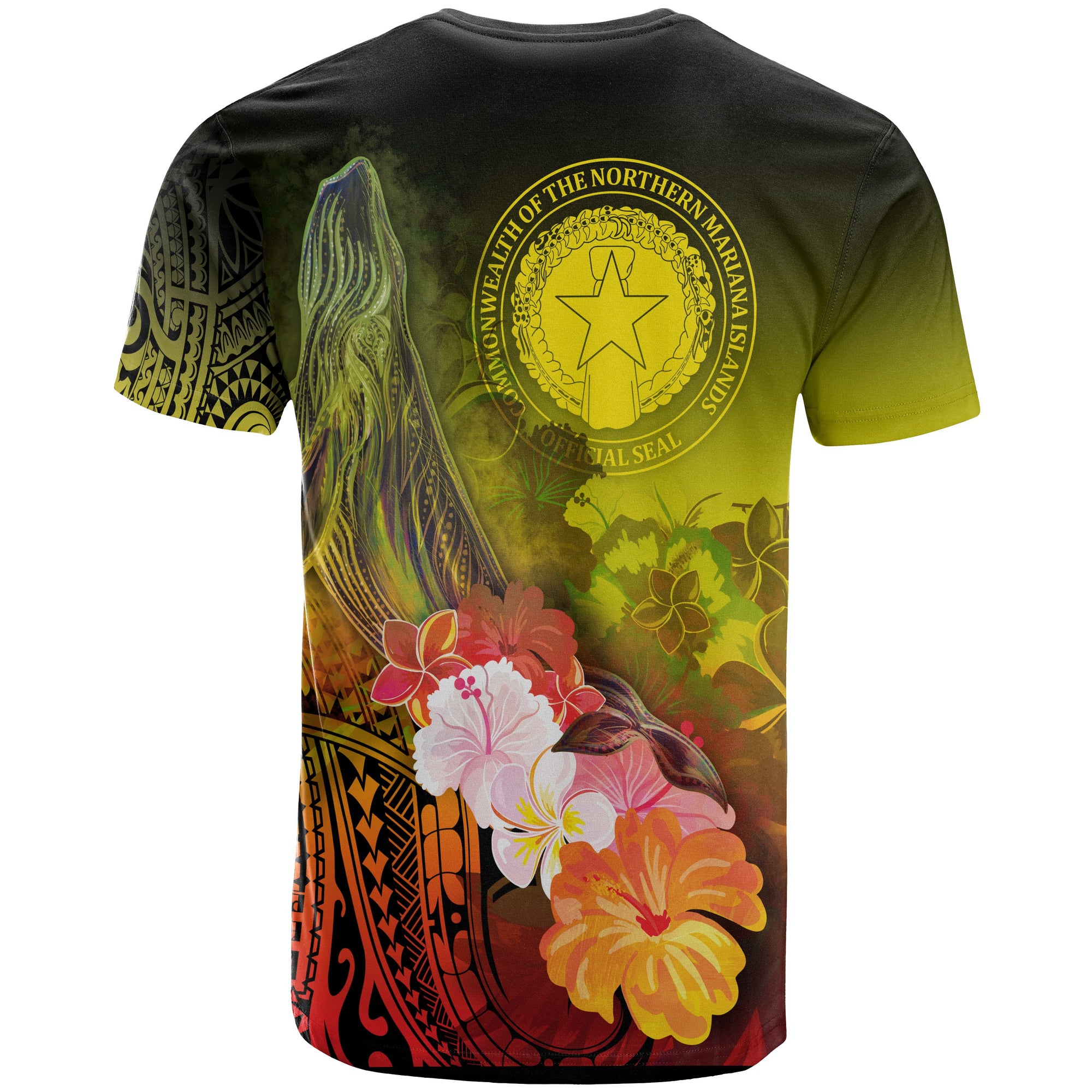 CNMI Custom T Shirt Humpback Whale with Tropical Flowers (Yellow) Unisex Yellow - Polynesian Pride