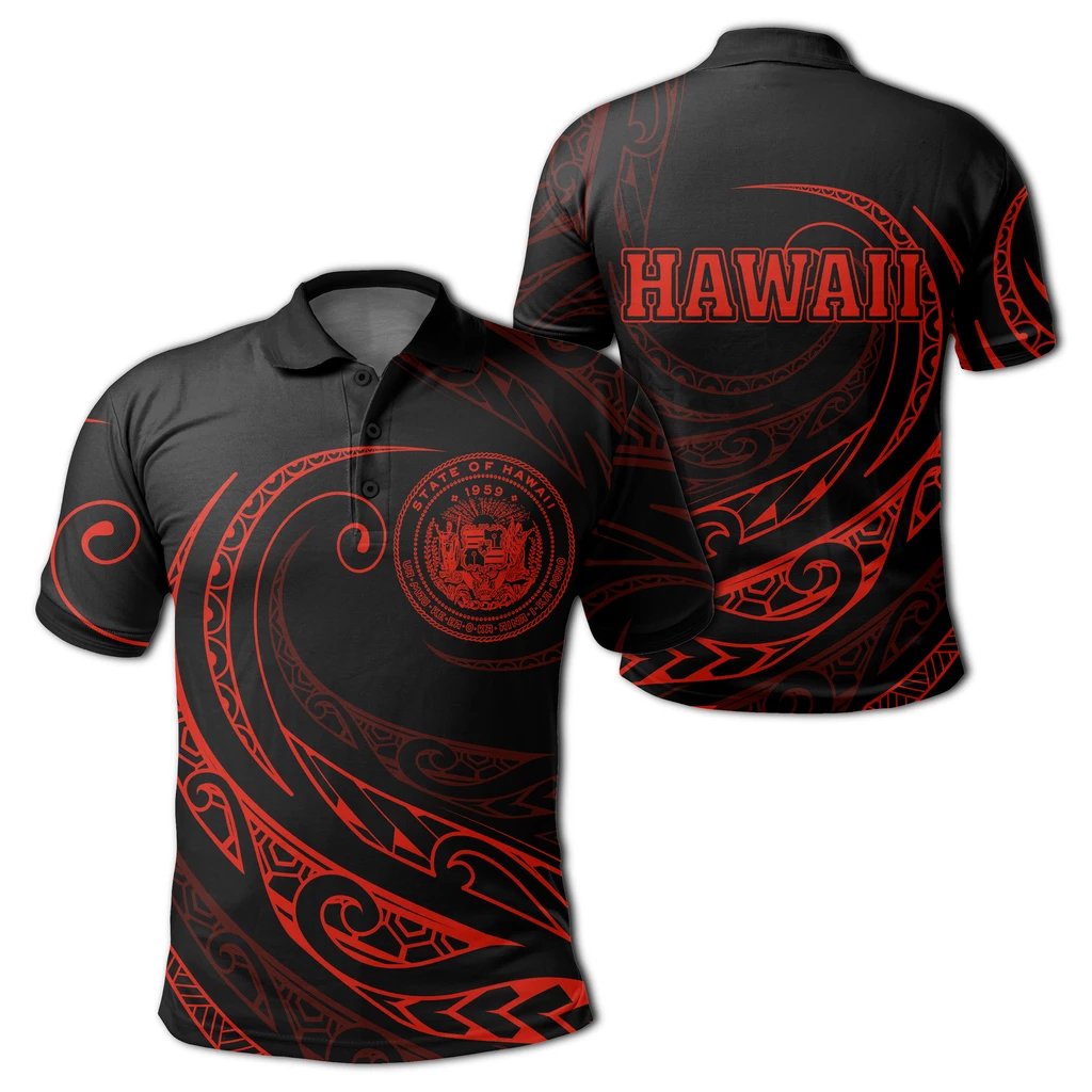 Hawaii Polo Shirt Frida Style Red Unisex Black - Polynesian Pride