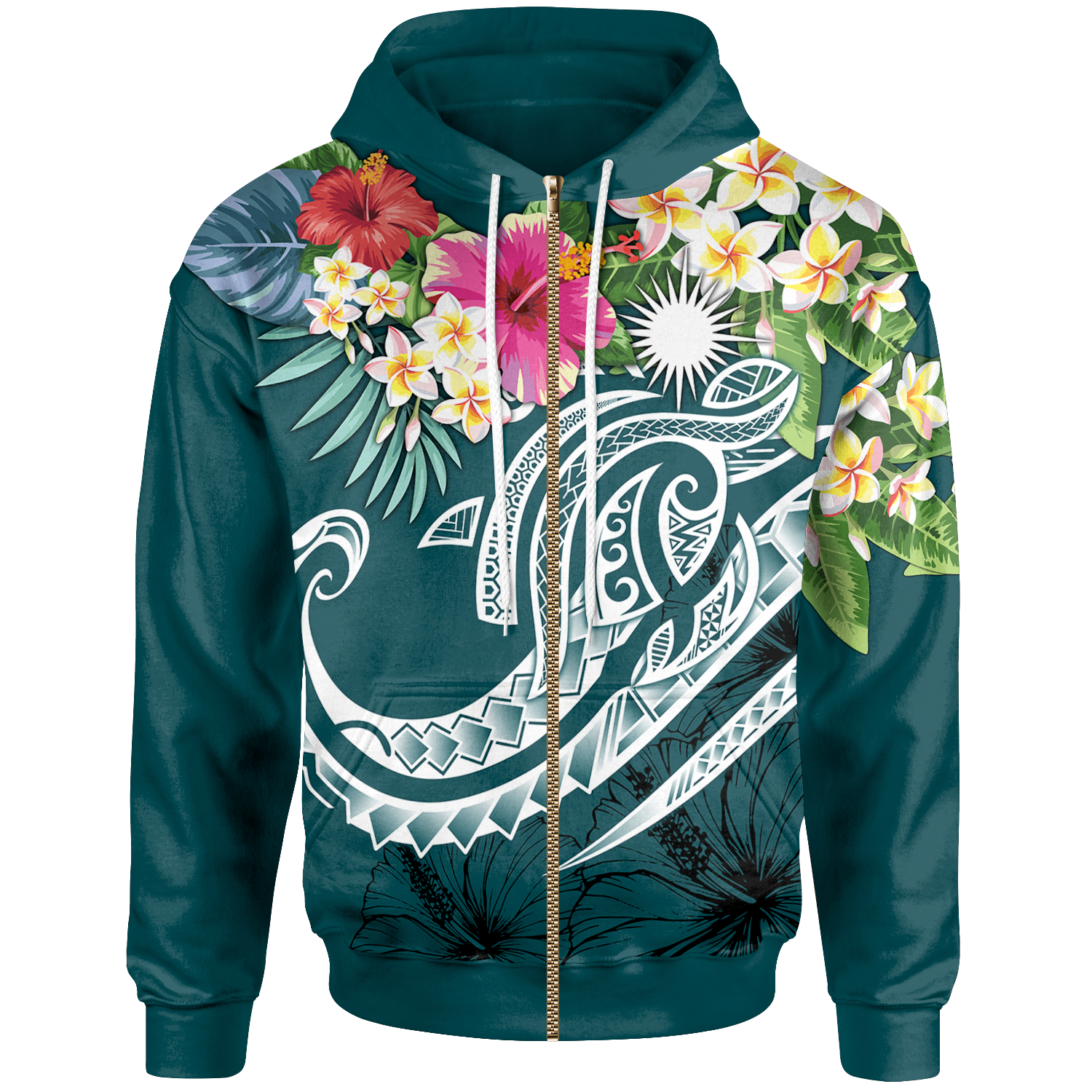 Marshall Islands Polynesian Zip up Hoodie Summer Plumeria (Turquoise) Unisex Turquoise - Polynesian Pride