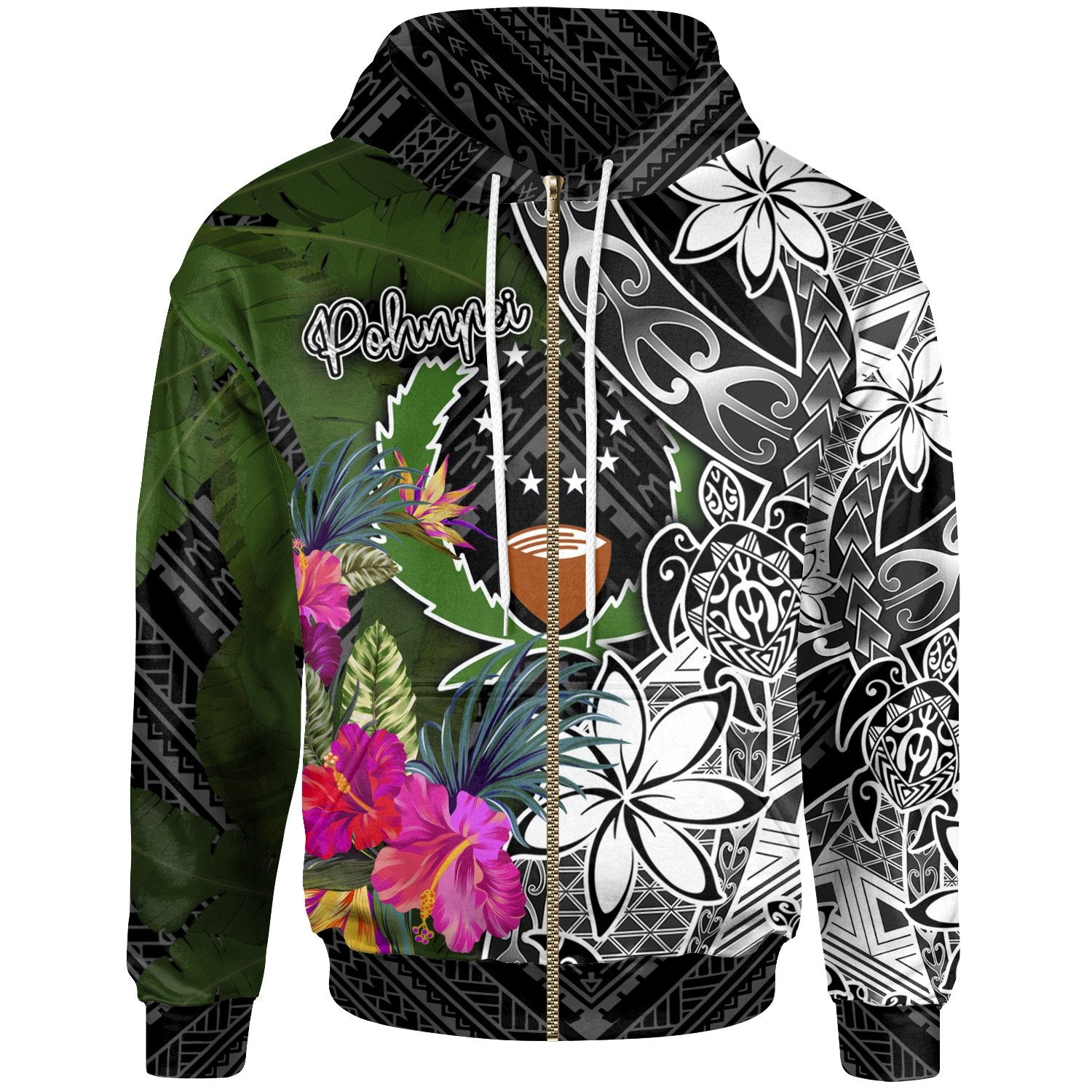 Pohnpei Zip up Hoodie Turtle Plumeria Banana Leaf Unisex Black - Polynesian Pride