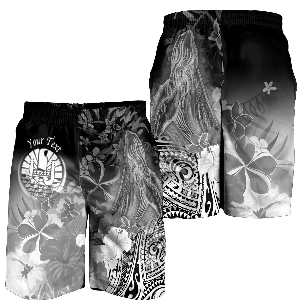 Tahiti Custom Personalised Men's Shorts - Humpback Whale with Tropical Flowers (White) - Polynesian Pride