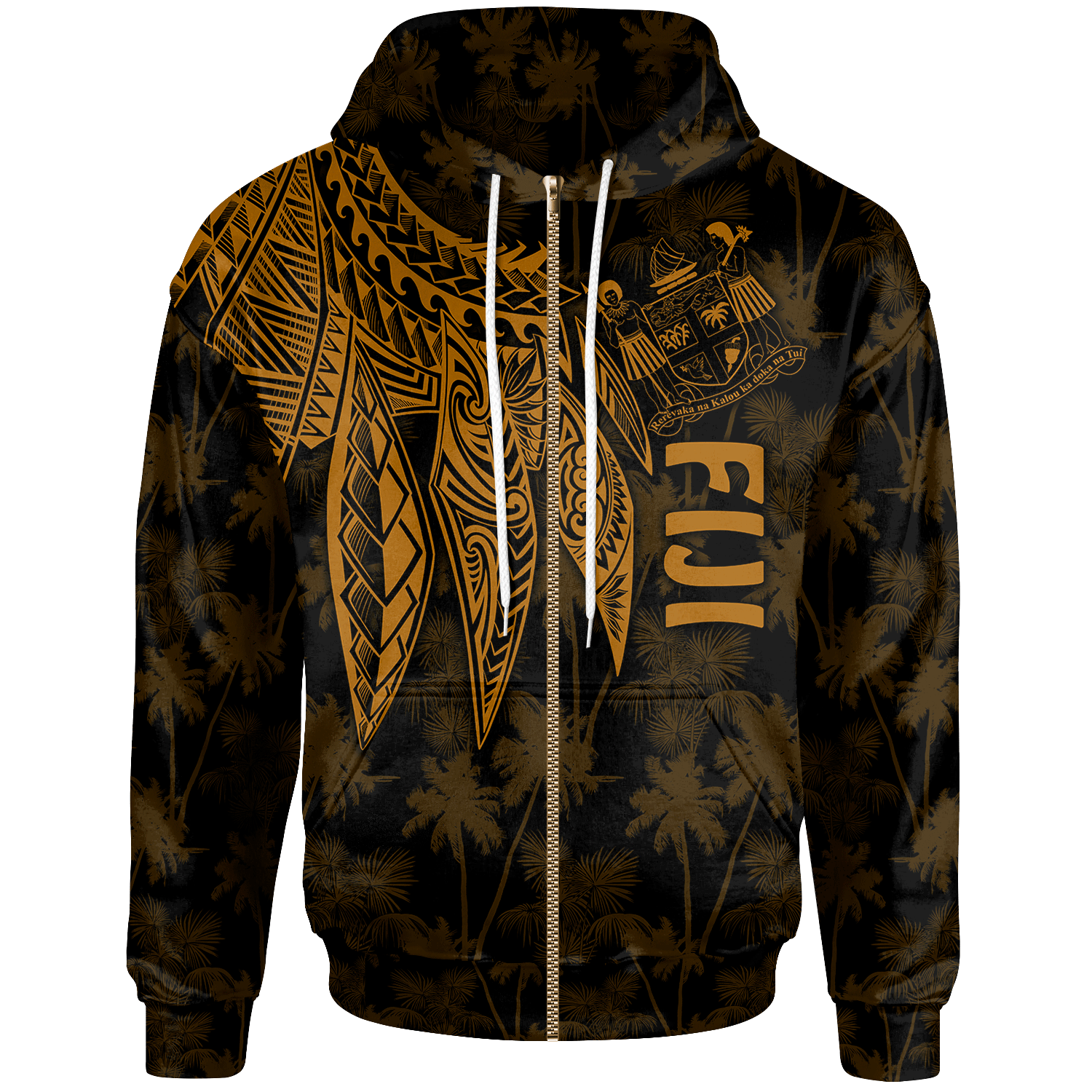 Fiji Zip up Hoodie Polynesian Wings (Golden) Unisex Blue - Polynesian Pride