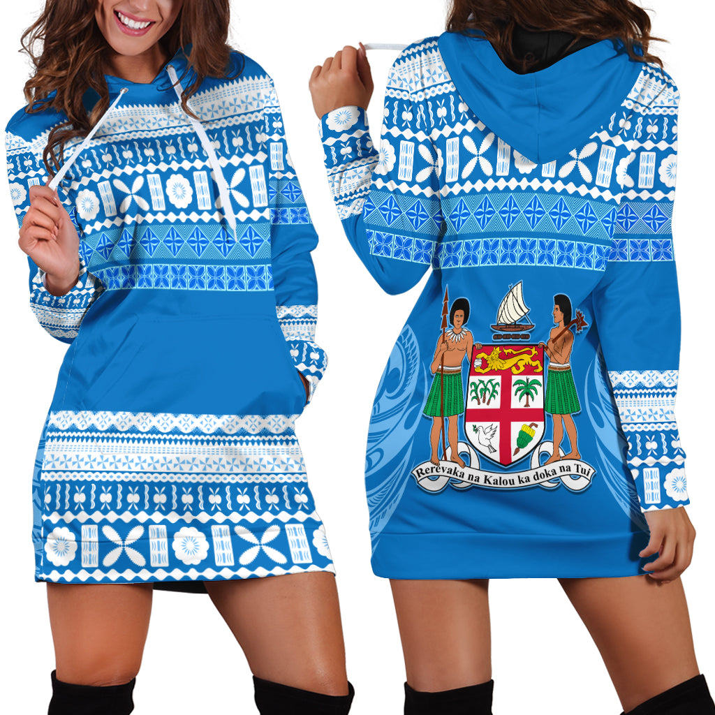 Bula Fiji Hoodie Dress Tapa Pattern LT13 Blue - Polynesian Pride