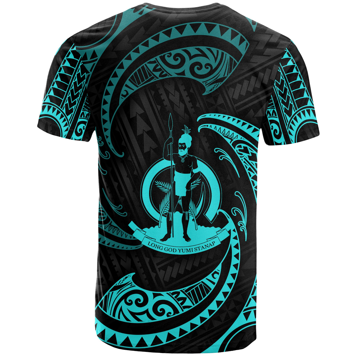 Vanuatu Polynesian All Over T Shirt Neon Blue Tribal Wave - Polynesian Pride