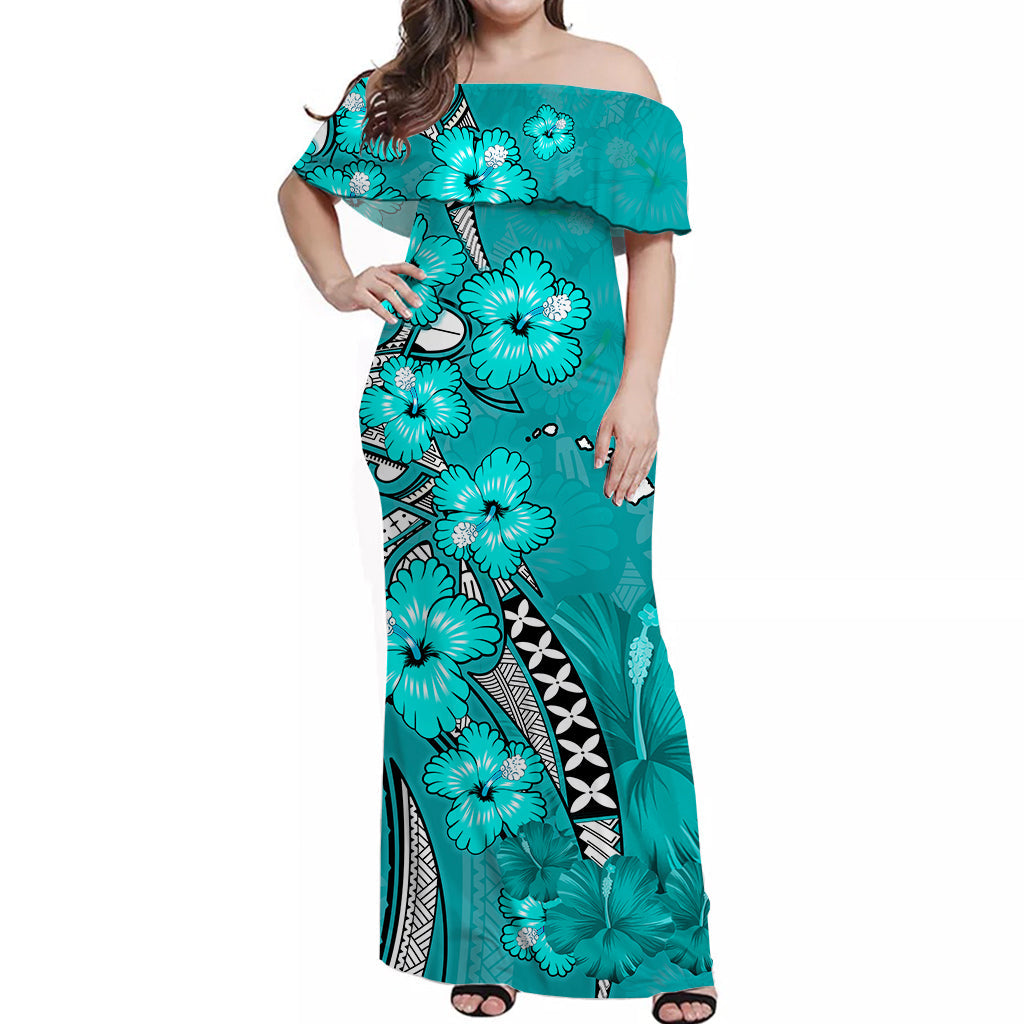 (Custom Personalised) Hawaii Off Shoulder Long Dress Polynesia Turquoise Hibiscus and Map Mystical LT13 Women Turquoise - Polynesian Pride