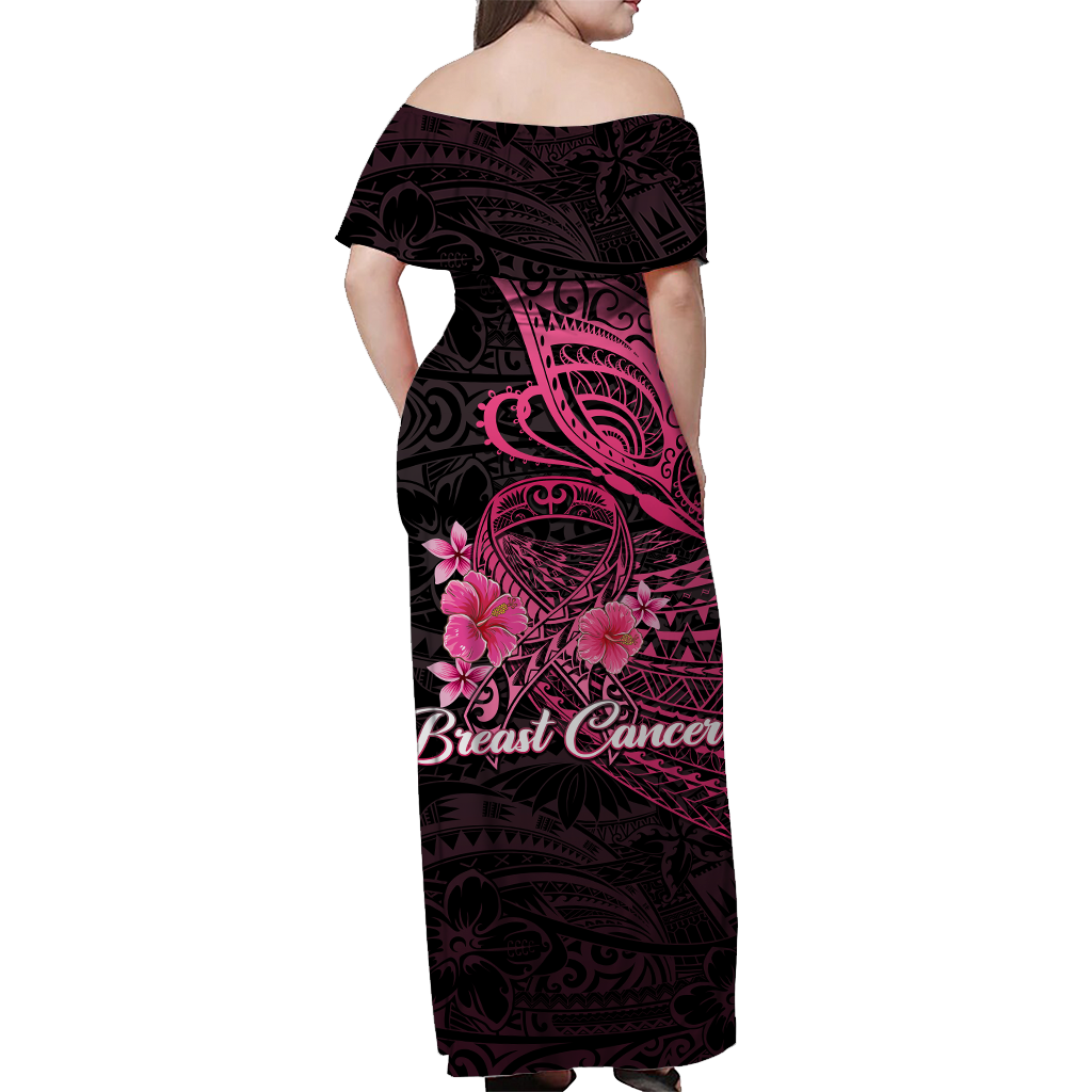 Breast Cancer Pink Ribbon Butterfly Polynesian Black Version Off Shoulder Long Dress - LT12 - Polynesian Pride