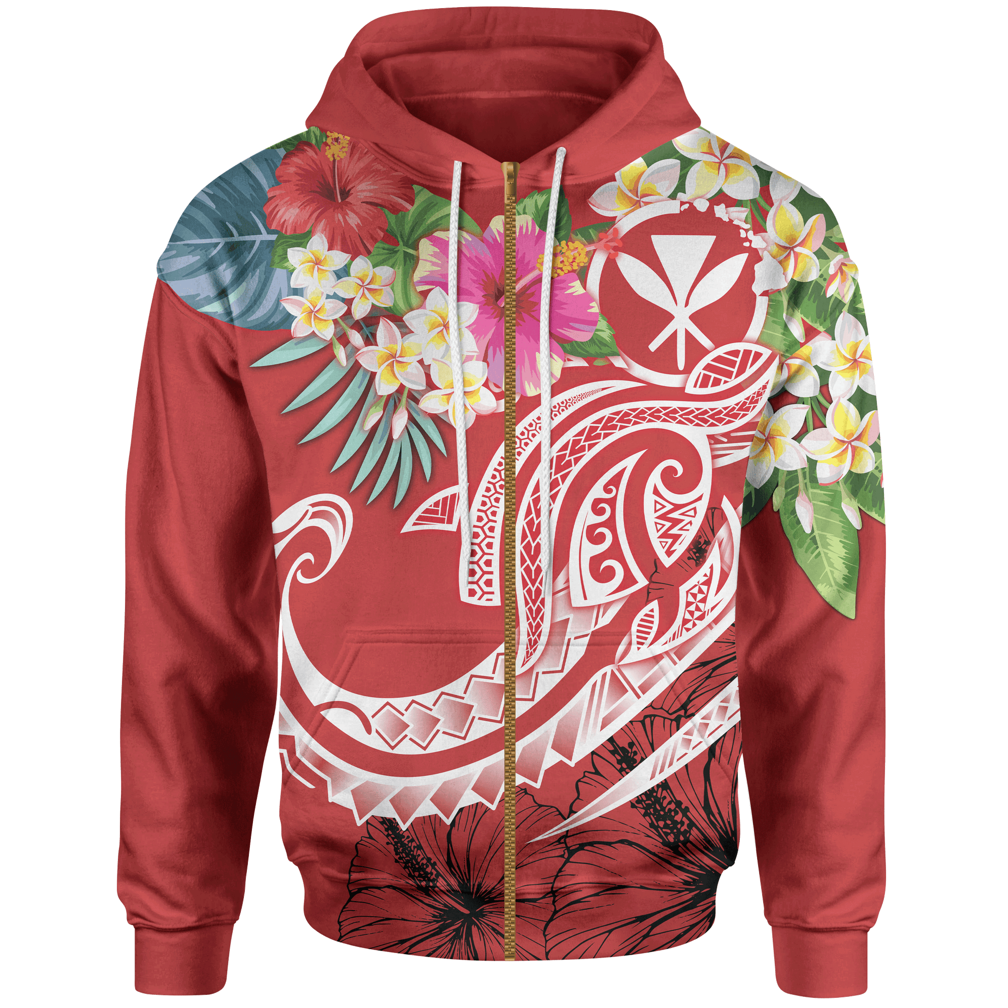 Polynesian Hawaii Kanaka Maoli Zip up Hoodie Summer Plumeria (Red) Unisex Red - Polynesian Pride