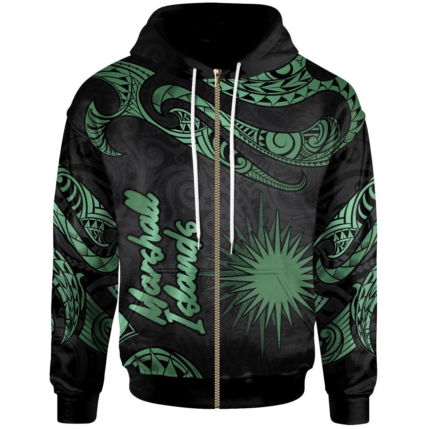 Marshall Islands Polynesian Zip Hoodie Polynesian Tattoo Green Version Unisex Green - Polynesian Pride