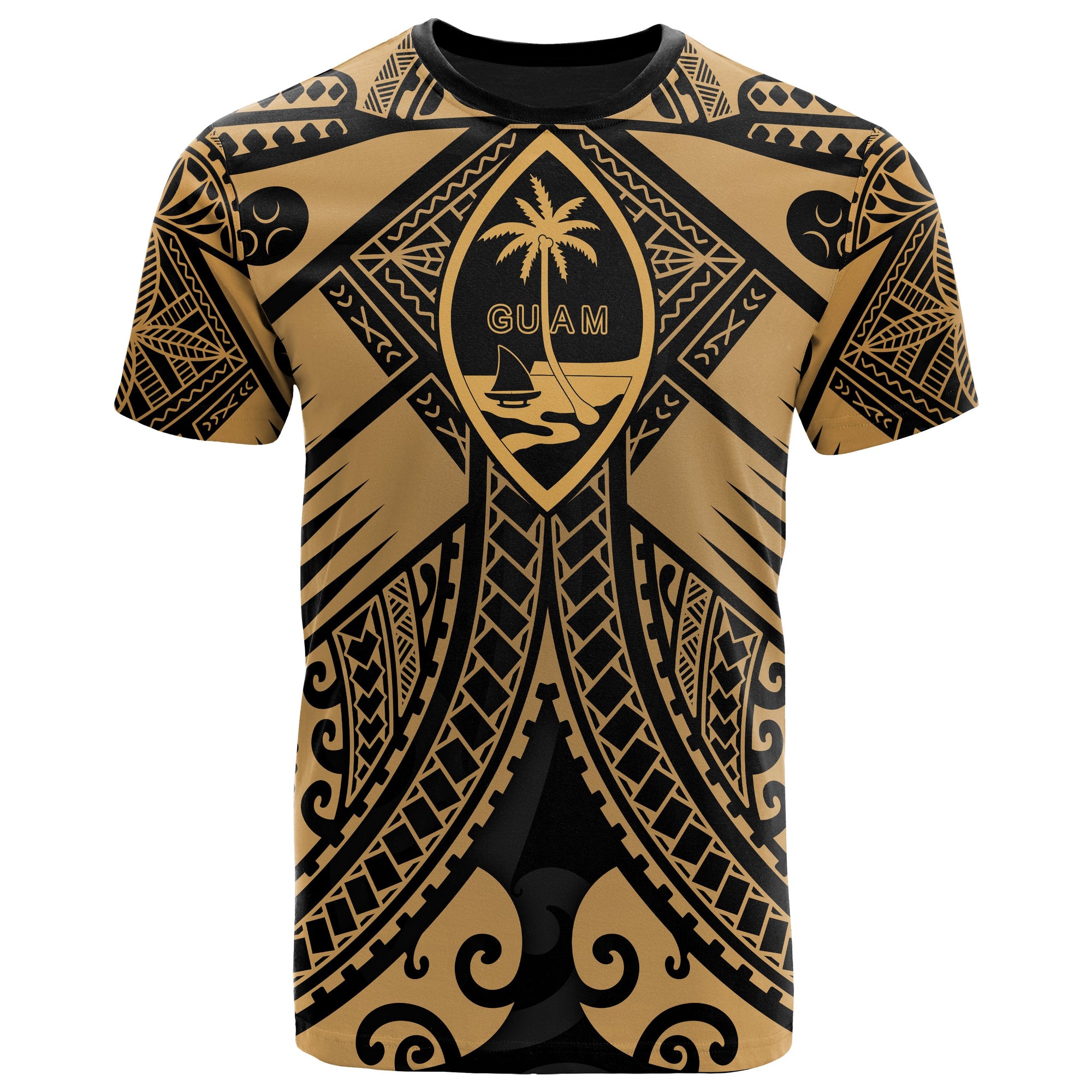 Guam Polynesian T Shirt Guam Gold Seal with Polynesian Tattoo Unisex Gold - Polynesian Pride