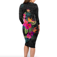 Nauru Hibiscus Polynesian Tribal Long Sleeves Dress - LT12 - Polynesian Pride