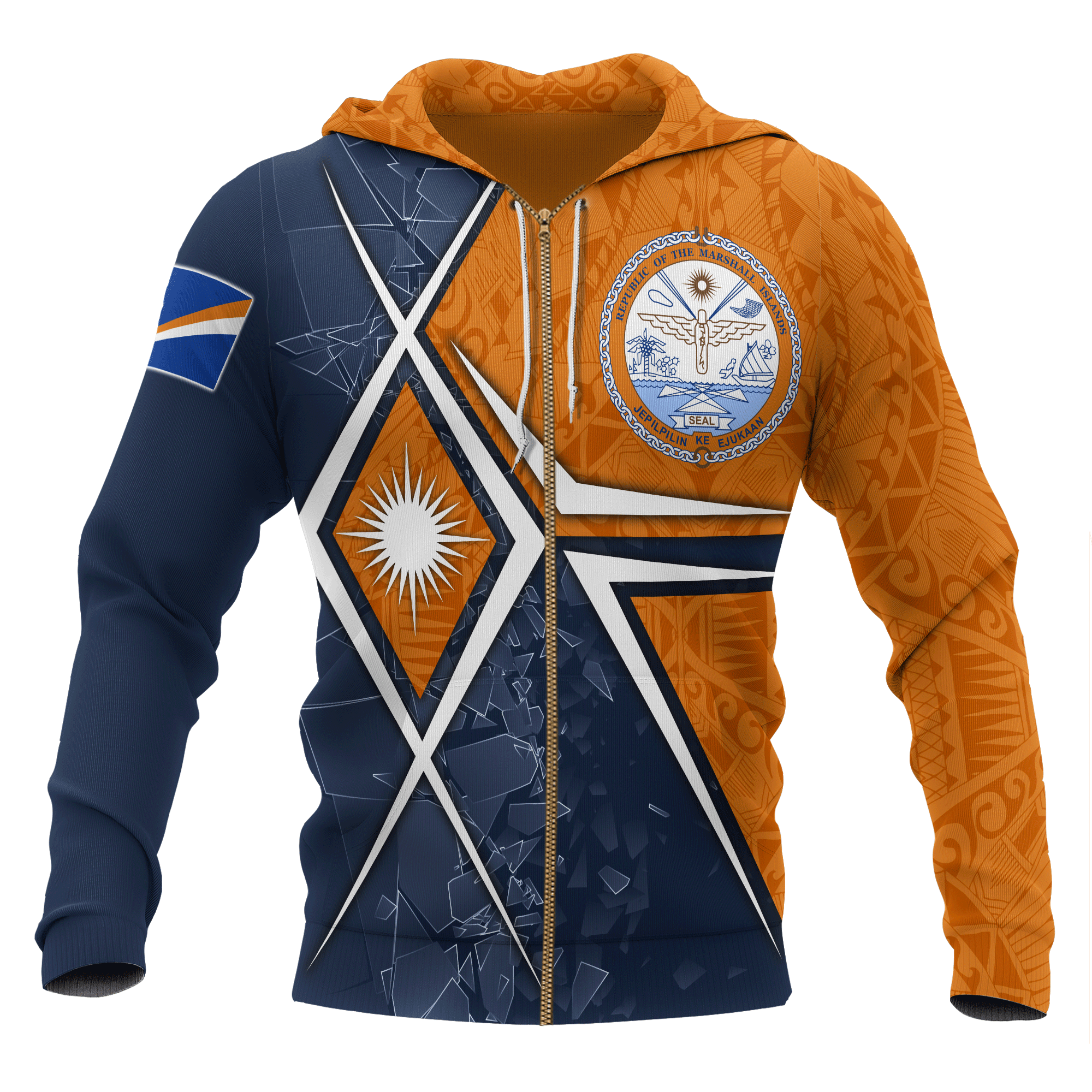 Marshall Islands Zip up Hoodie Marshall Islands Flag with Polynesian Patterns Unisex Orange - Polynesian Pride