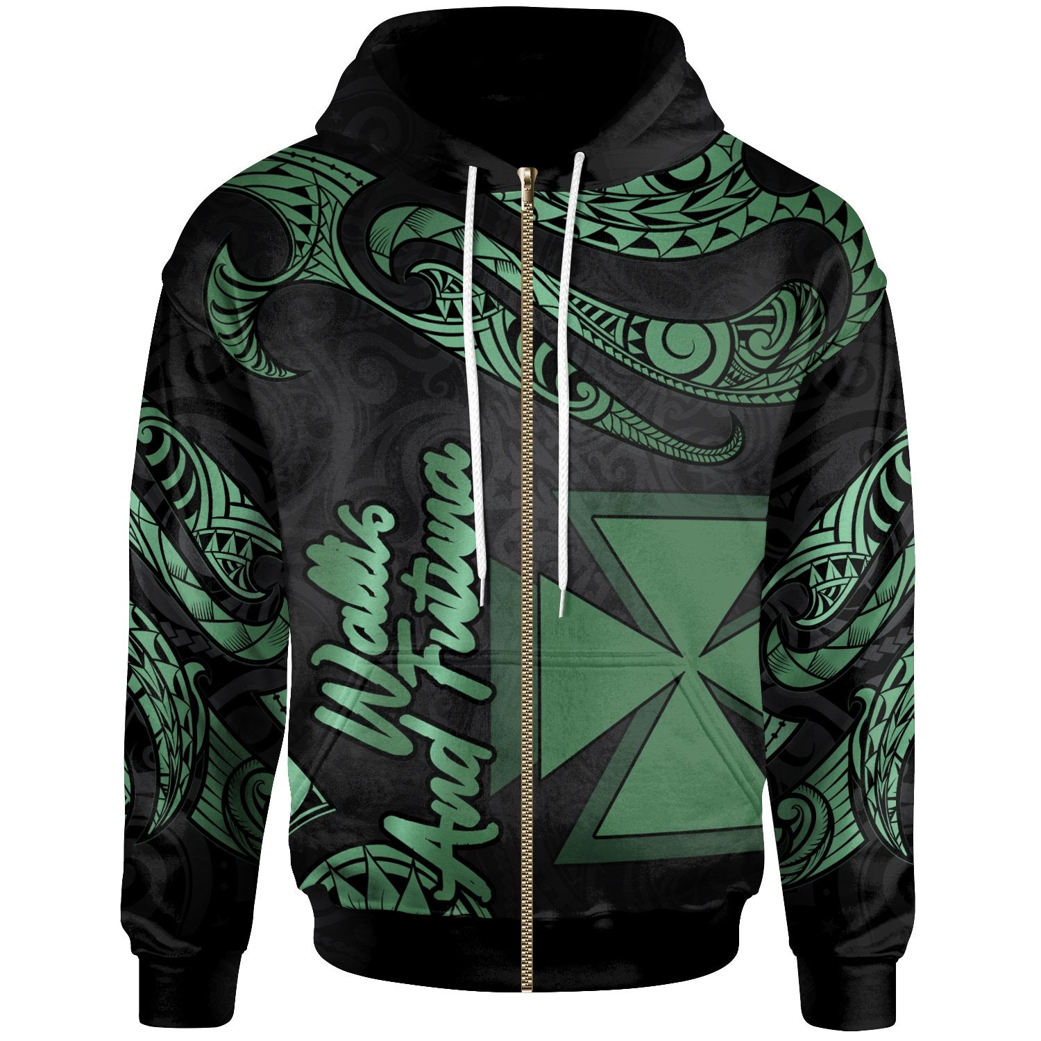 Wallis and Futuna Polynesian Zip Hoodie Polynesian Tattoo Green Version Unisex Green - Polynesian Pride