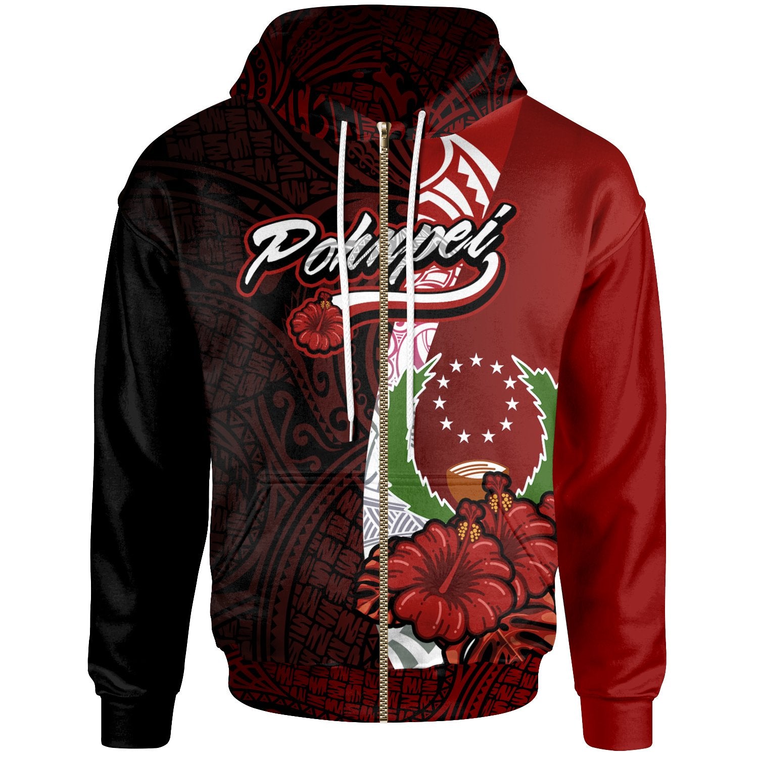 Pohnpei Micronesia Zip up Hoodie Coat of Arm With Hibiscus Unisex Red - Polynesian Pride