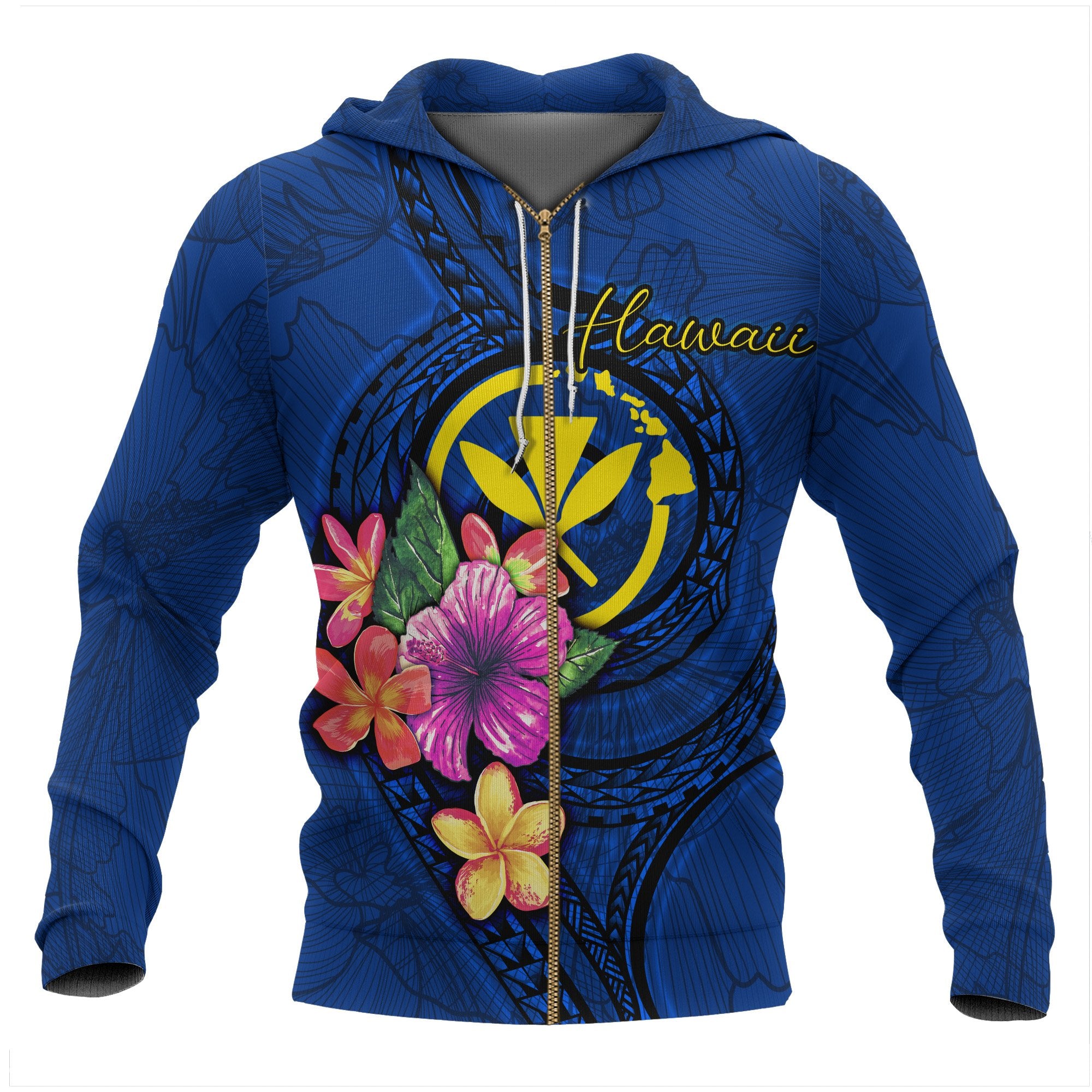 Hawaii Polynesian Zip up Hoodie Floral With Seal Blue Unisex Blue - Polynesian Pride