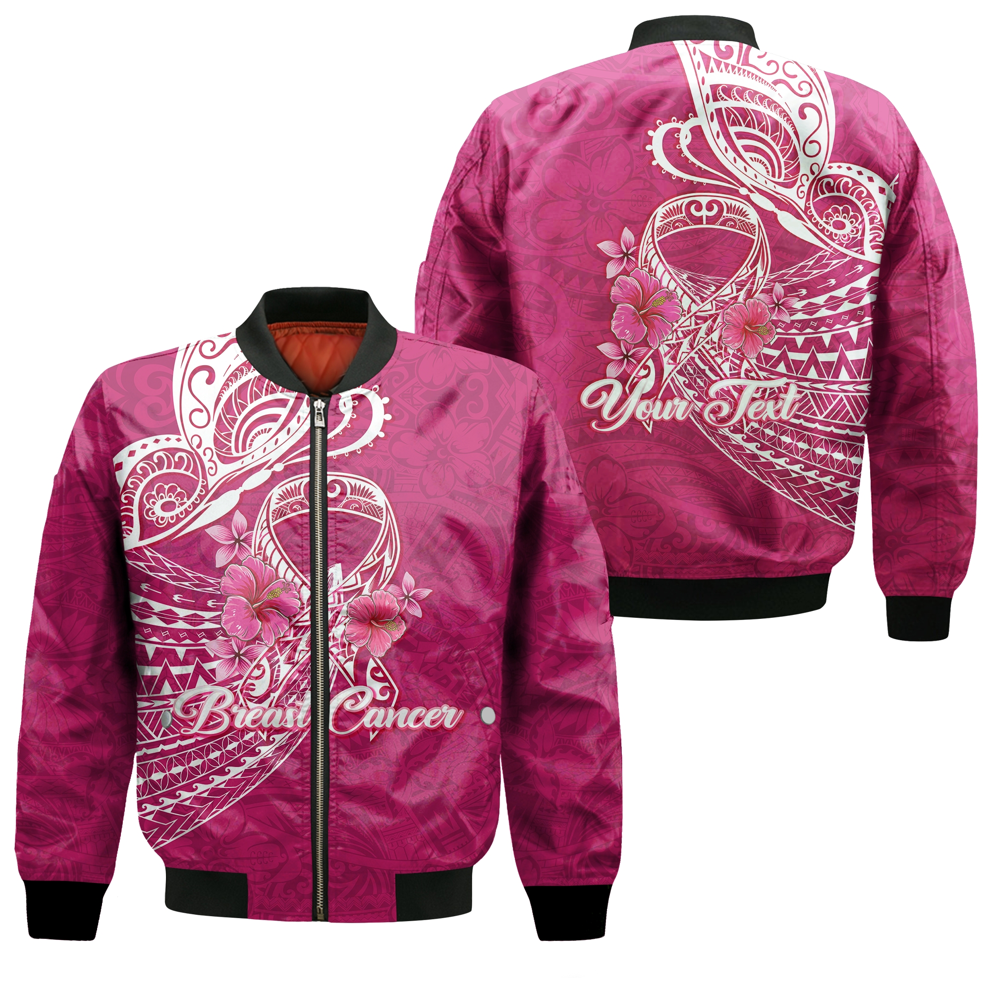 (Custom Personalised) Breast Cancer Pink Ribbon Butterfly Polynesian Pink Version Bomber Jacket - LT12 Bomber Jacket Pink - Polynesian Pride