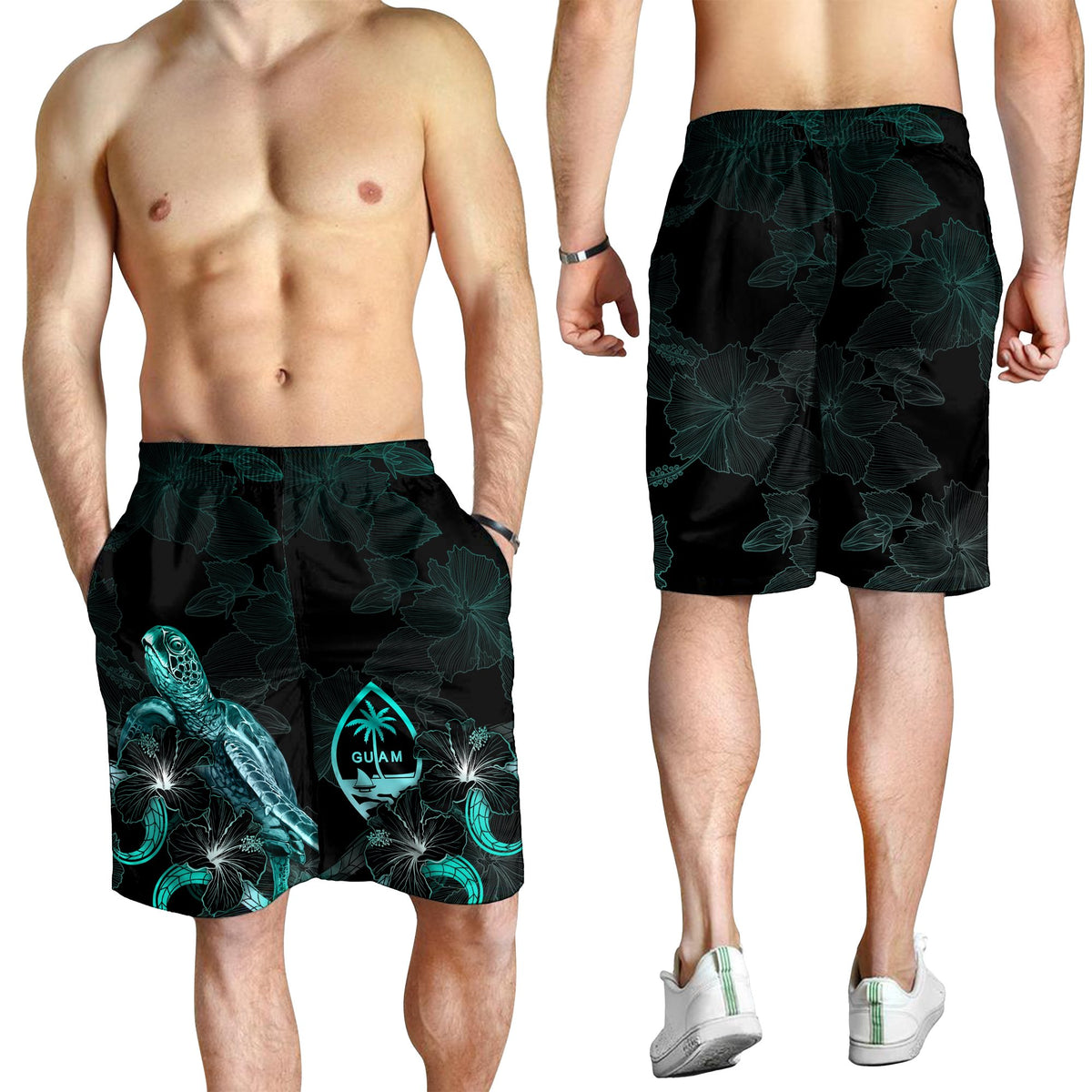 Guam Polynesian Men's Shorts - Turtle With Blooming Hibiscus Turquoise - Polynesian Pride