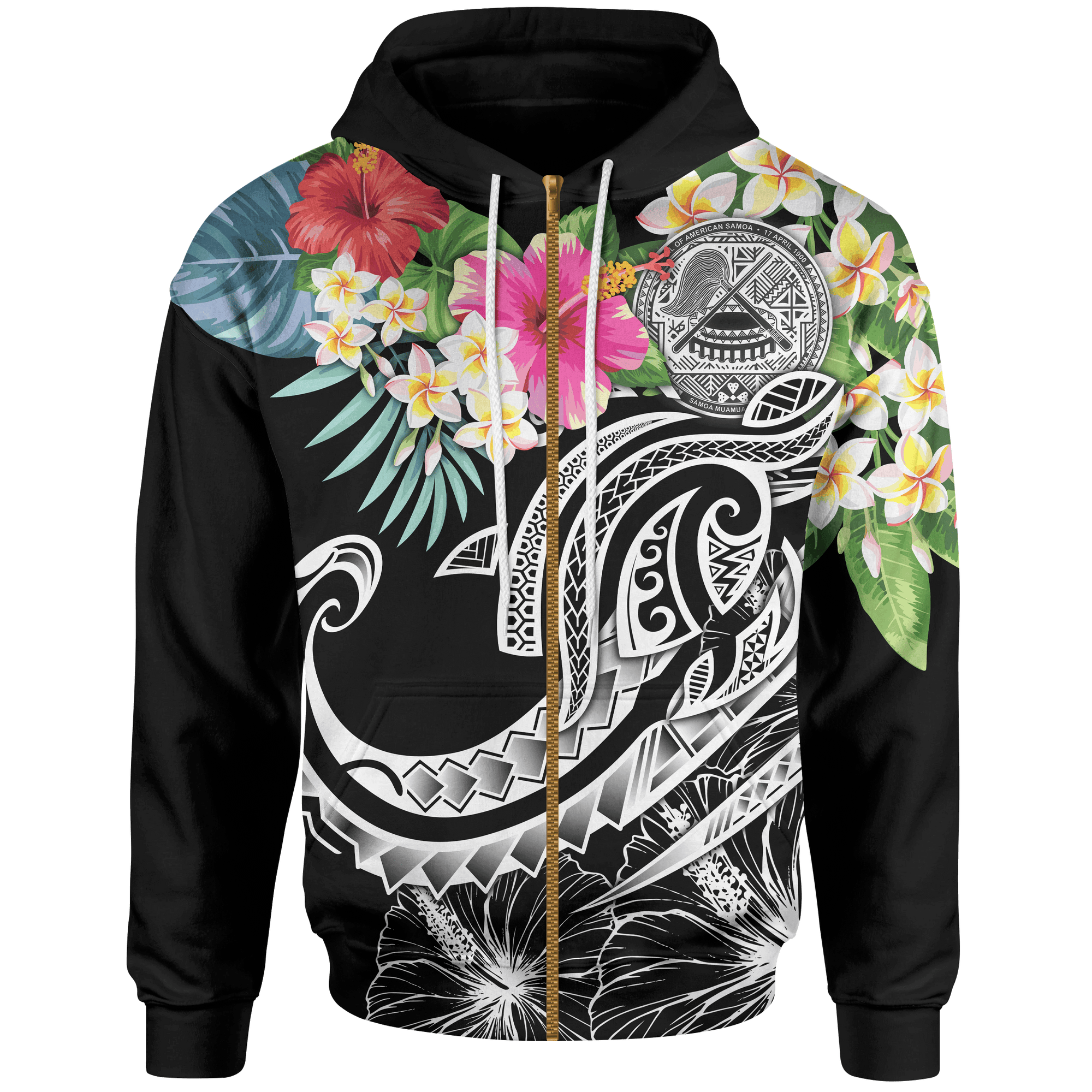 Polynesian American Samoa Zip up Hoodie Summer Plumeria (Black) Unisex Black - Polynesian Pride