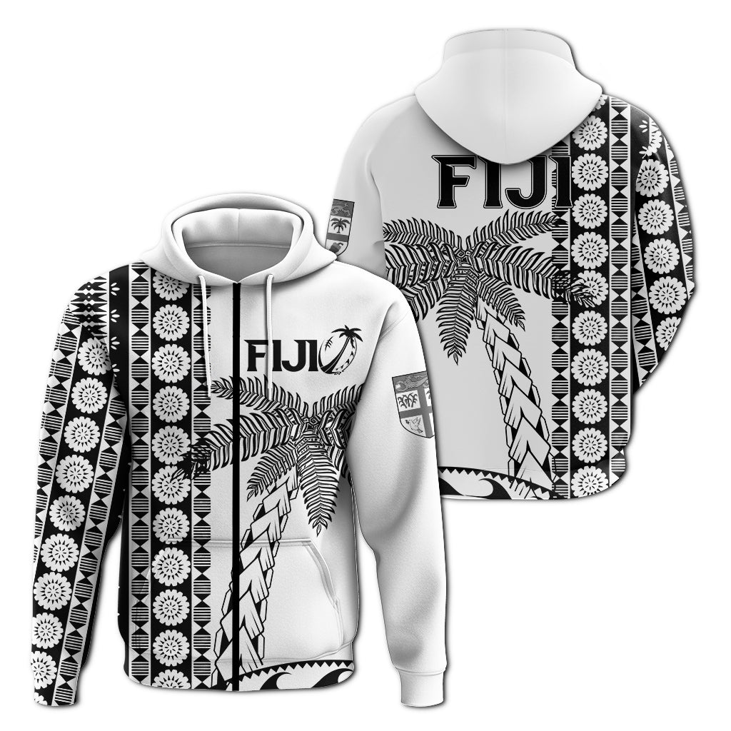 Fiji Rugby Zip up Hoodie Coconut Tree With Tapa Pattern LT12 Unisex White - Polynesian Pride