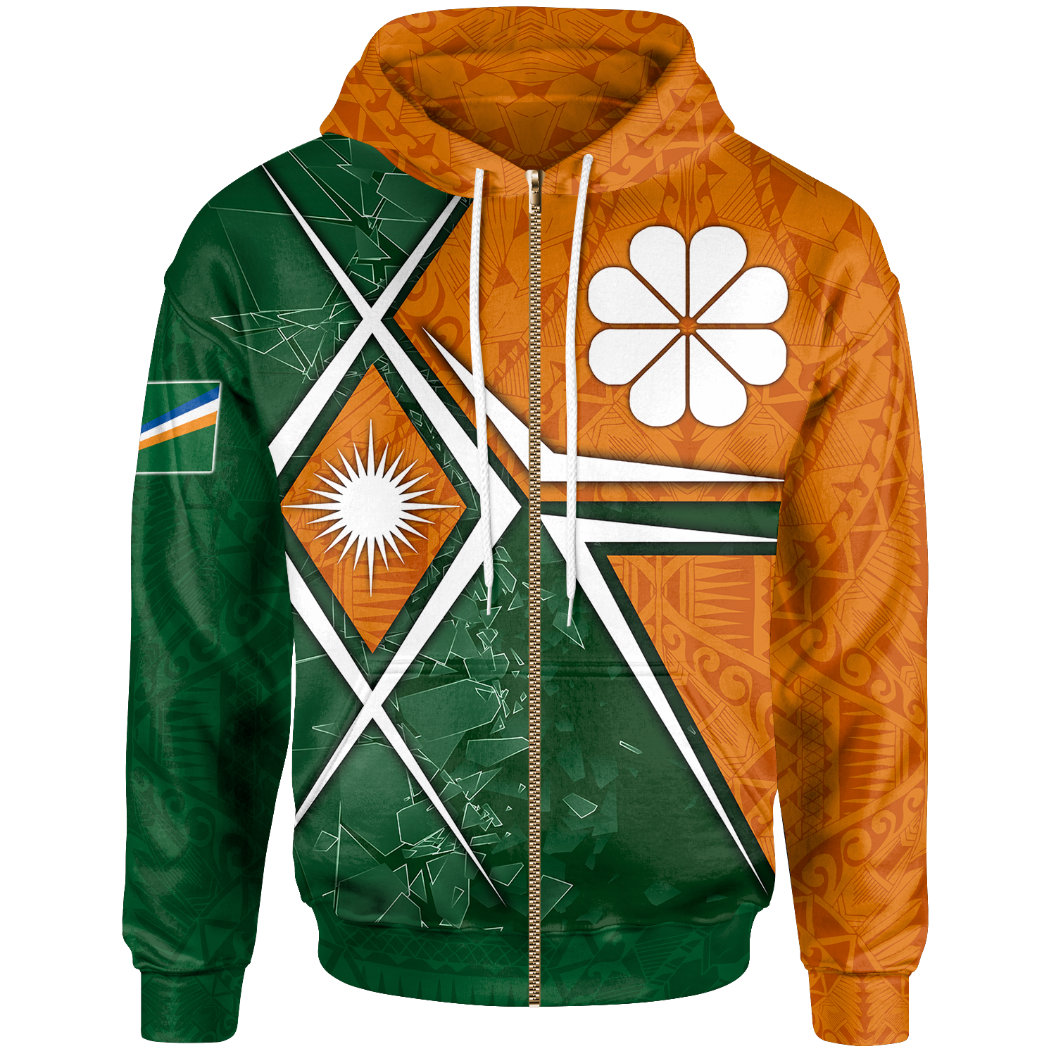 Marshall Islands Zip up Hoodie Kwajalein Atoll Marshall Islands Flag with Polynesian Patterns Unisex Green - Polynesian Pride