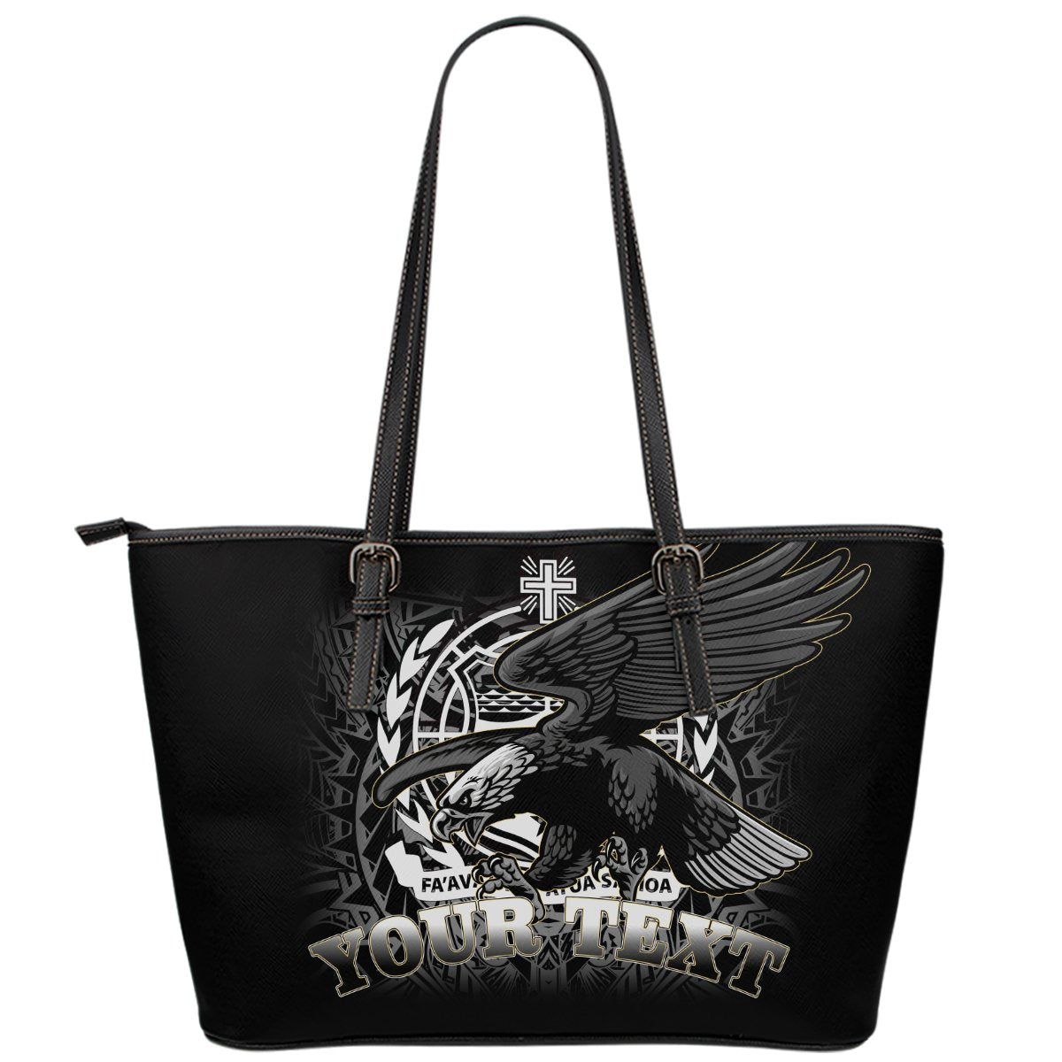 Samoa Polynesian Custom Personalised Leather Tote Bag - Samoa Eagle Black - Polynesian Pride